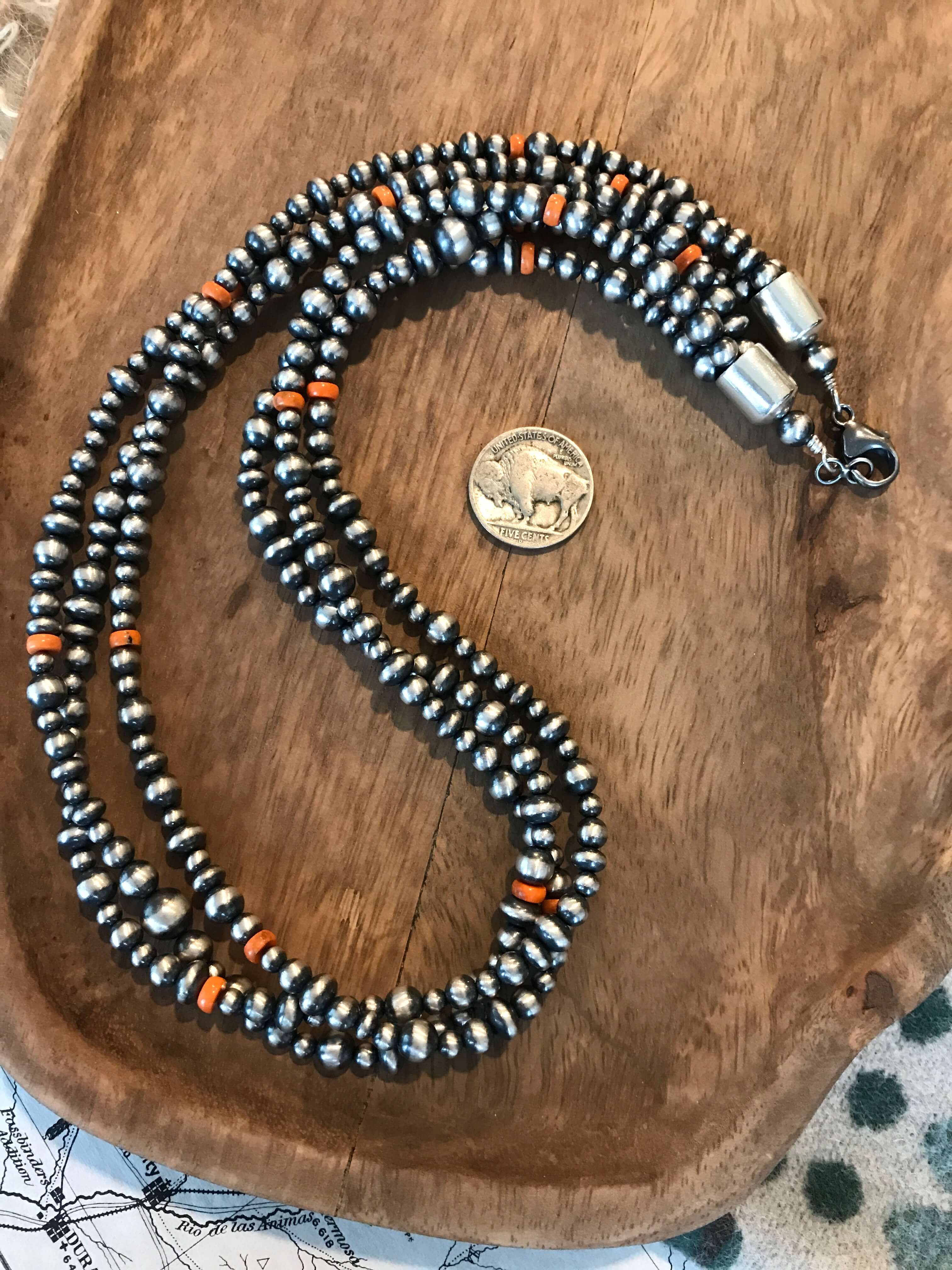 The Sunport Necklace in Orange Spiny, 22"-Necklaces-Calli Co., Turquoise and Silver Jewelry, Native American Handmade, Zuni Tribe, Navajo Tribe, Brock Texas