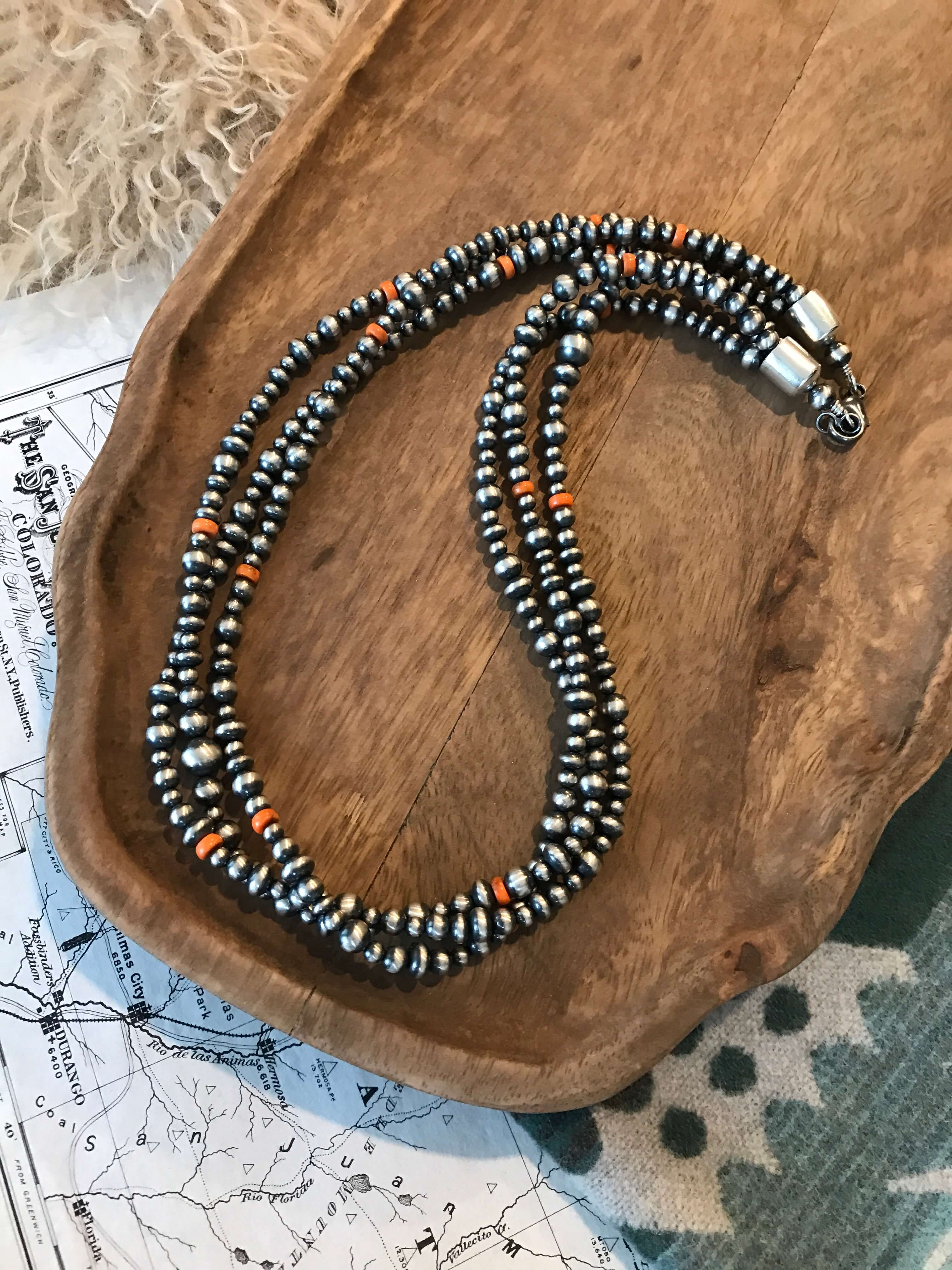 The Sunport Necklace in Orange Spiny, 22"-Necklaces-Calli Co., Turquoise and Silver Jewelry, Native American Handmade, Zuni Tribe, Navajo Tribe, Brock Texas