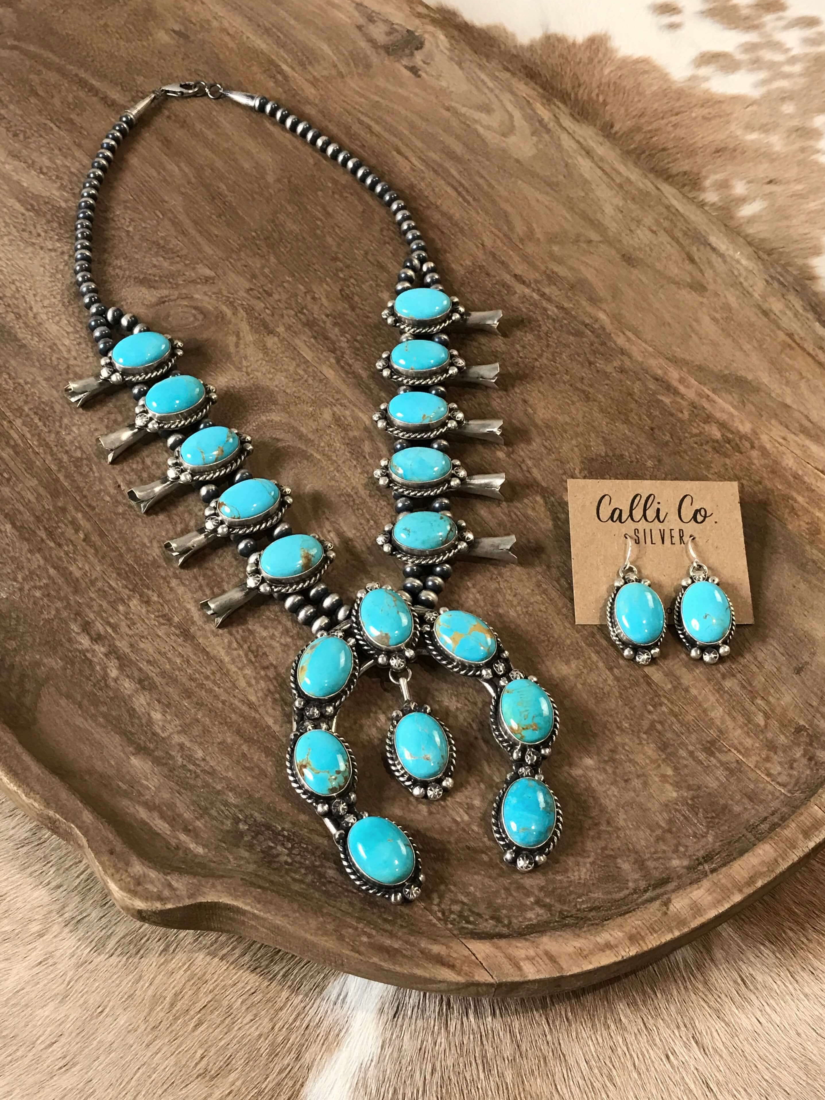 The Solstice Squash Blossom Necklace Set-Necklaces-Calli Co., Turquoise and Silver Jewelry, Native American Handmade, Zuni Tribe, Navajo Tribe, Brock Texas