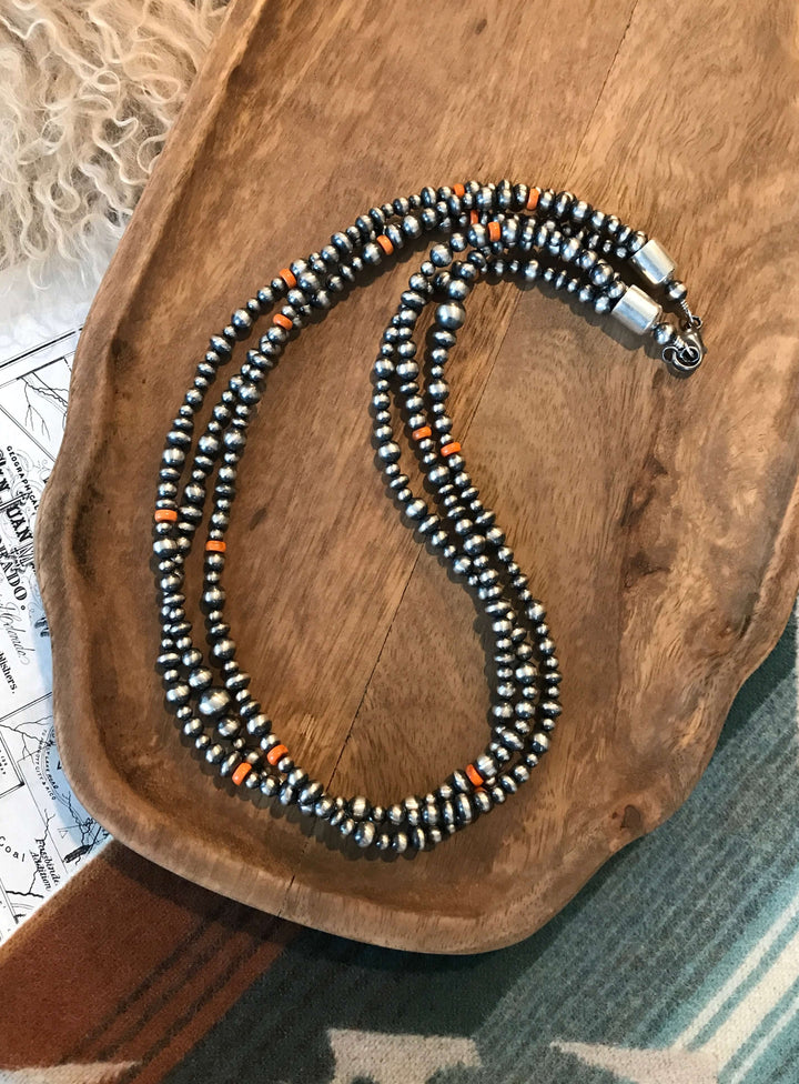 The Sunport Necklace in Orange Spiny, 22"-Necklaces-Calli Co., Turquoise and Silver Jewelry, Native American Handmade, Zuni Tribe, Navajo Tribe, Brock Texas