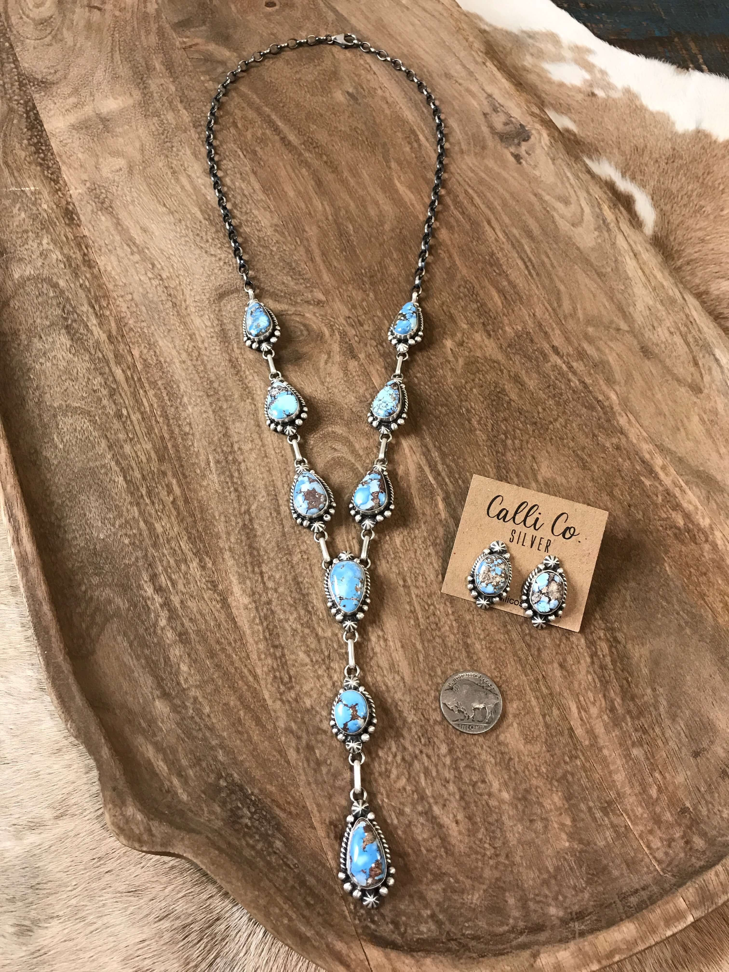 The Beaumont Turquoise Lariat Necklace Set-Necklaces-Calli Co., Turquoise and Silver Jewelry, Native American Handmade, Zuni Tribe, Navajo Tribe, Brock Texas