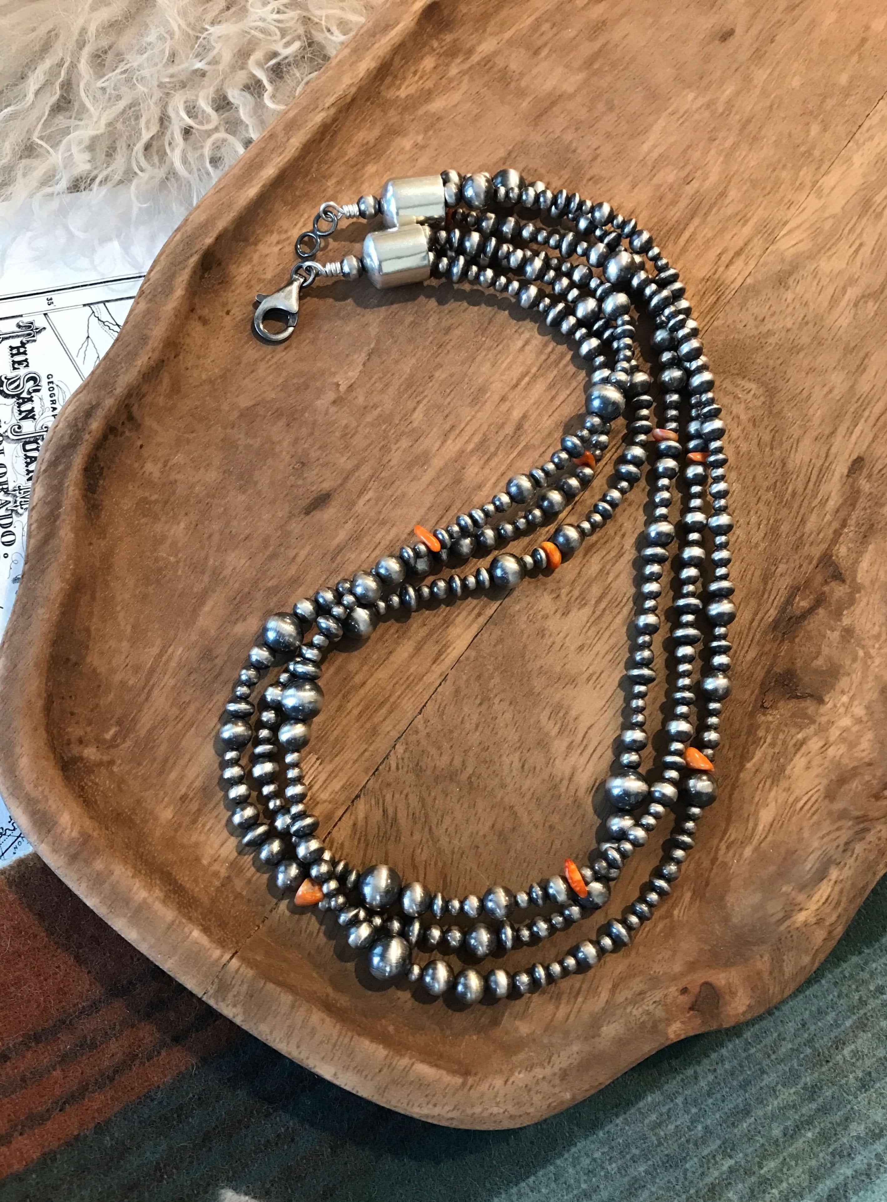 The Loma Necklace in Orange Spiny, 20"-Necklaces-Calli Co., Turquoise and Silver Jewelry, Native American Handmade, Zuni Tribe, Navajo Tribe, Brock Texas