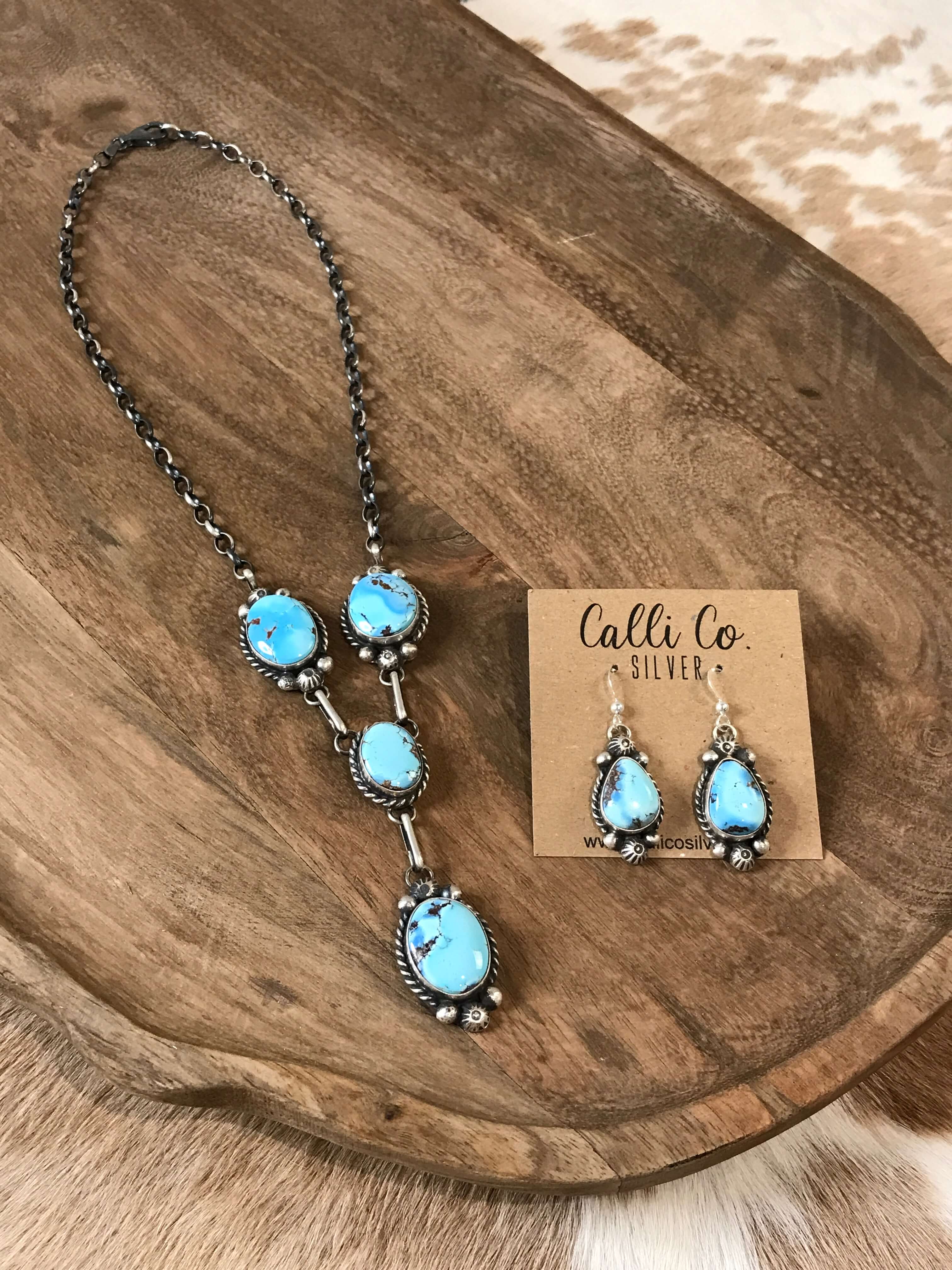 The Blythe Turquoise Lariat Necklace Set-Necklaces-Calli Co., Turquoise and Silver Jewelry, Native American Handmade, Zuni Tribe, Navajo Tribe, Brock Texas