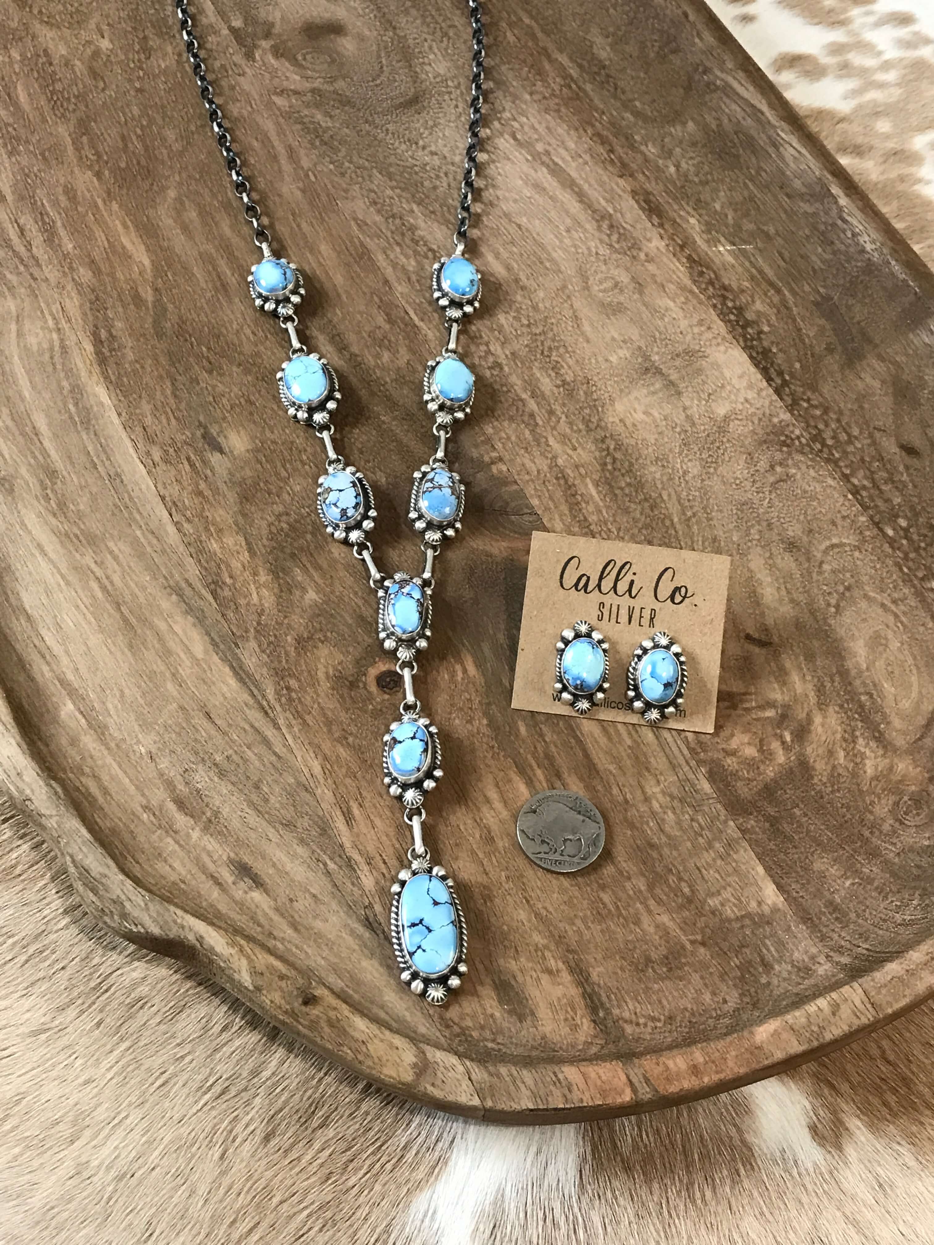 The Teca Turquoise Lariat Necklace Set-Necklaces-Calli Co., Turquoise and Silver Jewelry, Native American Handmade, Zuni Tribe, Navajo Tribe, Brock Texas