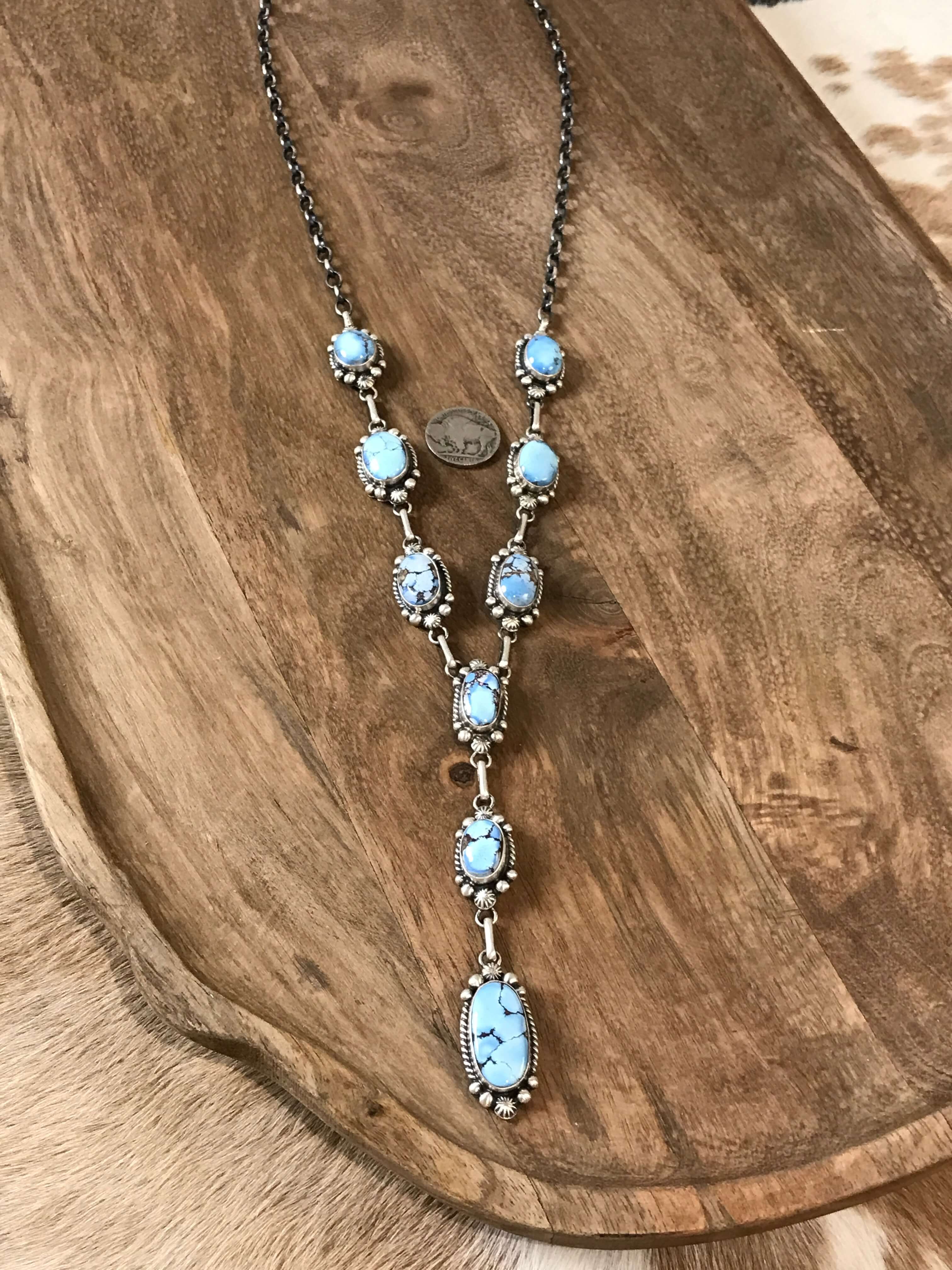 The Teca Turquoise Lariat Necklace Set-Necklaces-Calli Co., Turquoise and Silver Jewelry, Native American Handmade, Zuni Tribe, Navajo Tribe, Brock Texas