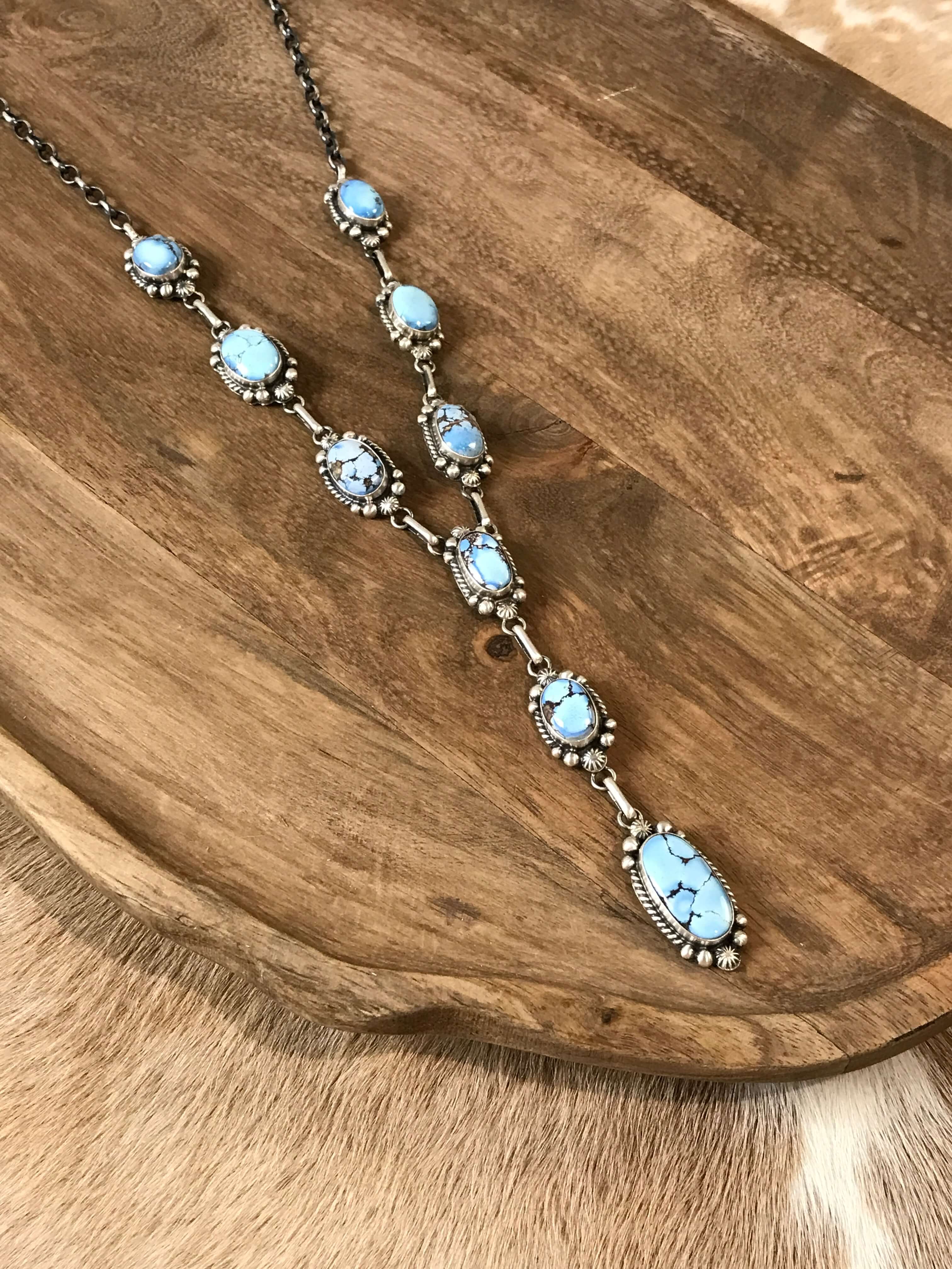 The Teca Turquoise Lariat Necklace Set-Necklaces-Calli Co., Turquoise and Silver Jewelry, Native American Handmade, Zuni Tribe, Navajo Tribe, Brock Texas