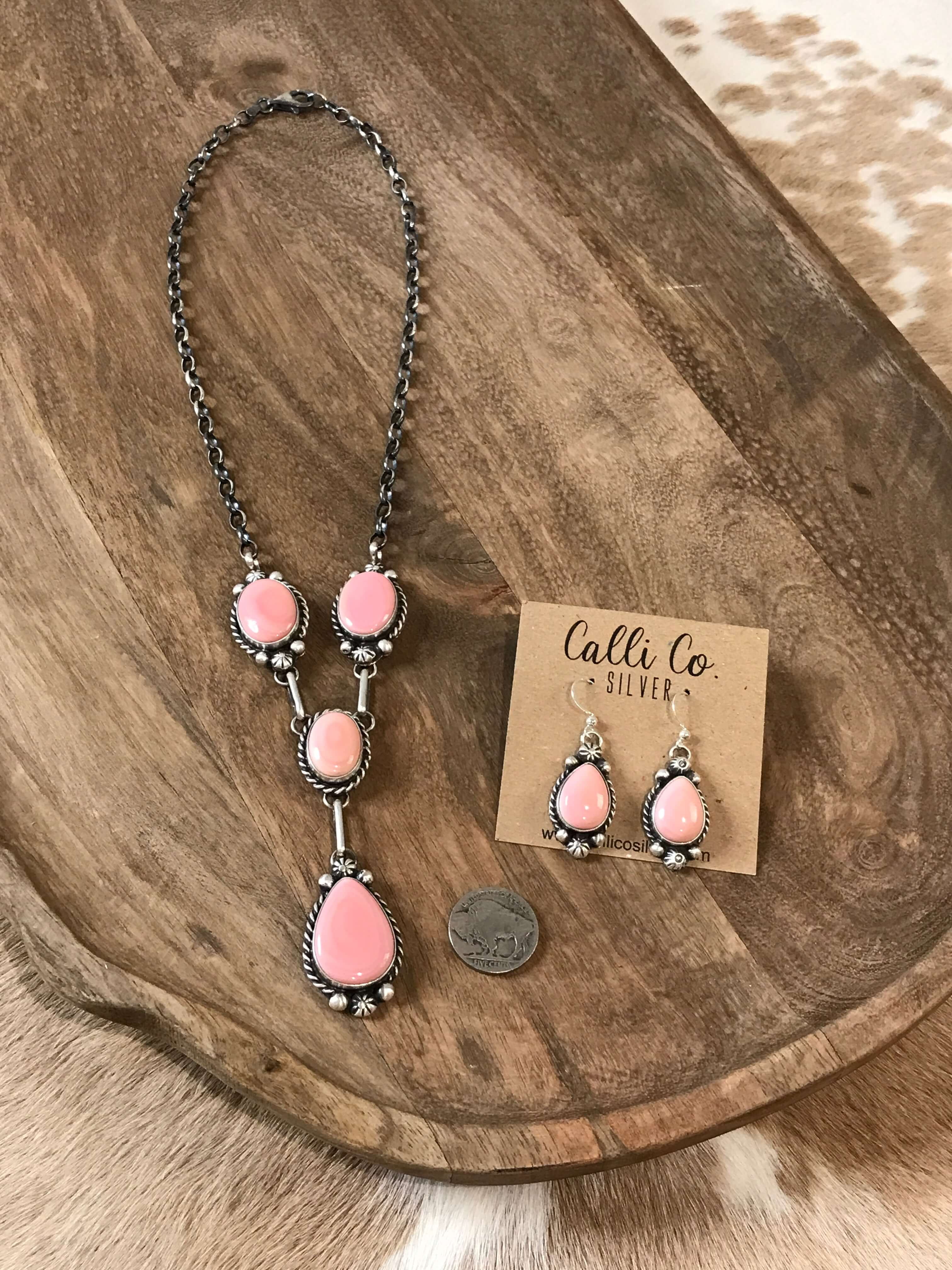The Kirby Pink Conch Lariat Necklace Set-Necklaces-Calli Co., Turquoise and Silver Jewelry, Native American Handmade, Zuni Tribe, Navajo Tribe, Brock Texas