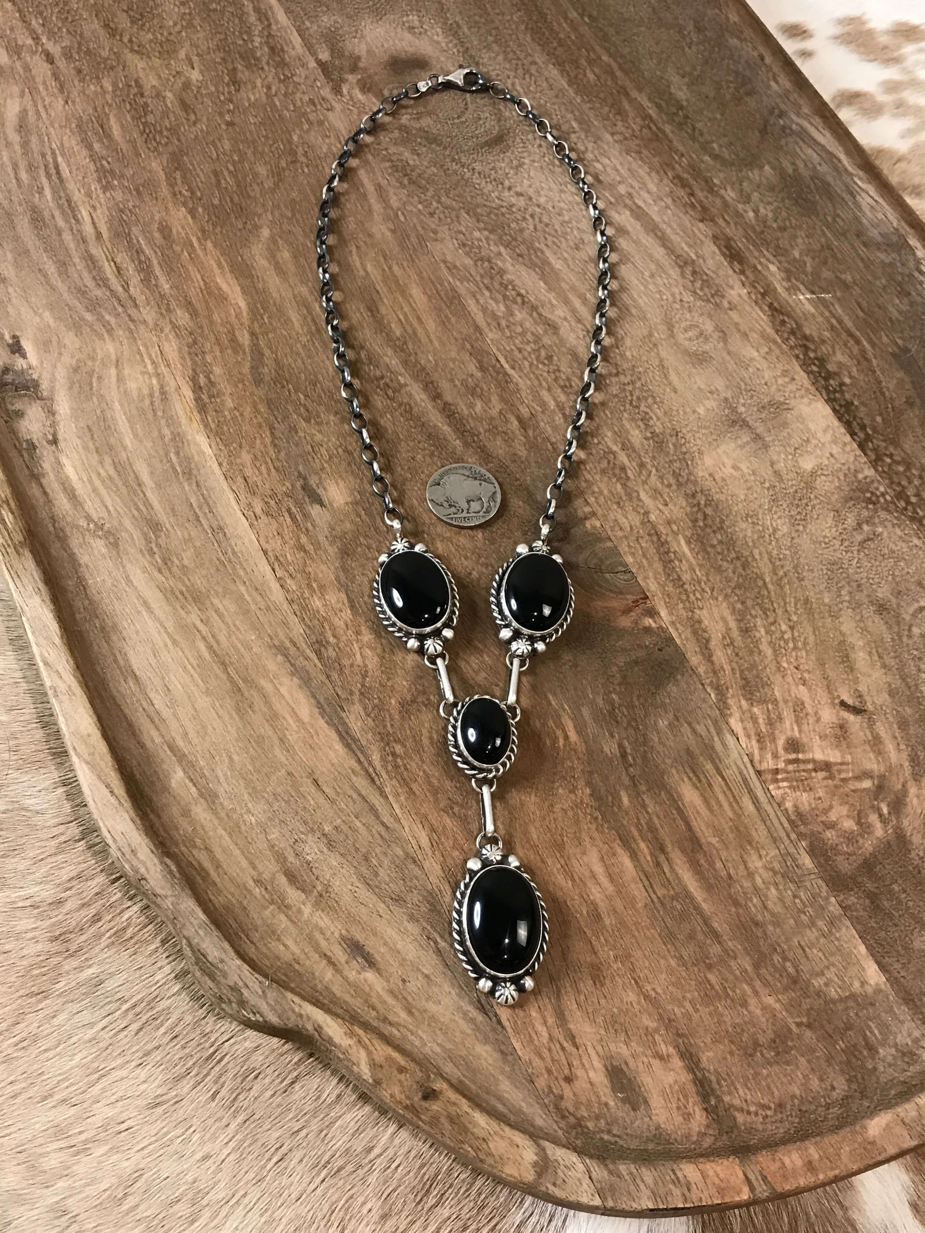 The Valor Onyx Lariat Necklace Set-Necklaces-Calli Co., Turquoise and Silver Jewelry, Native American Handmade, Zuni Tribe, Navajo Tribe, Brock Texas