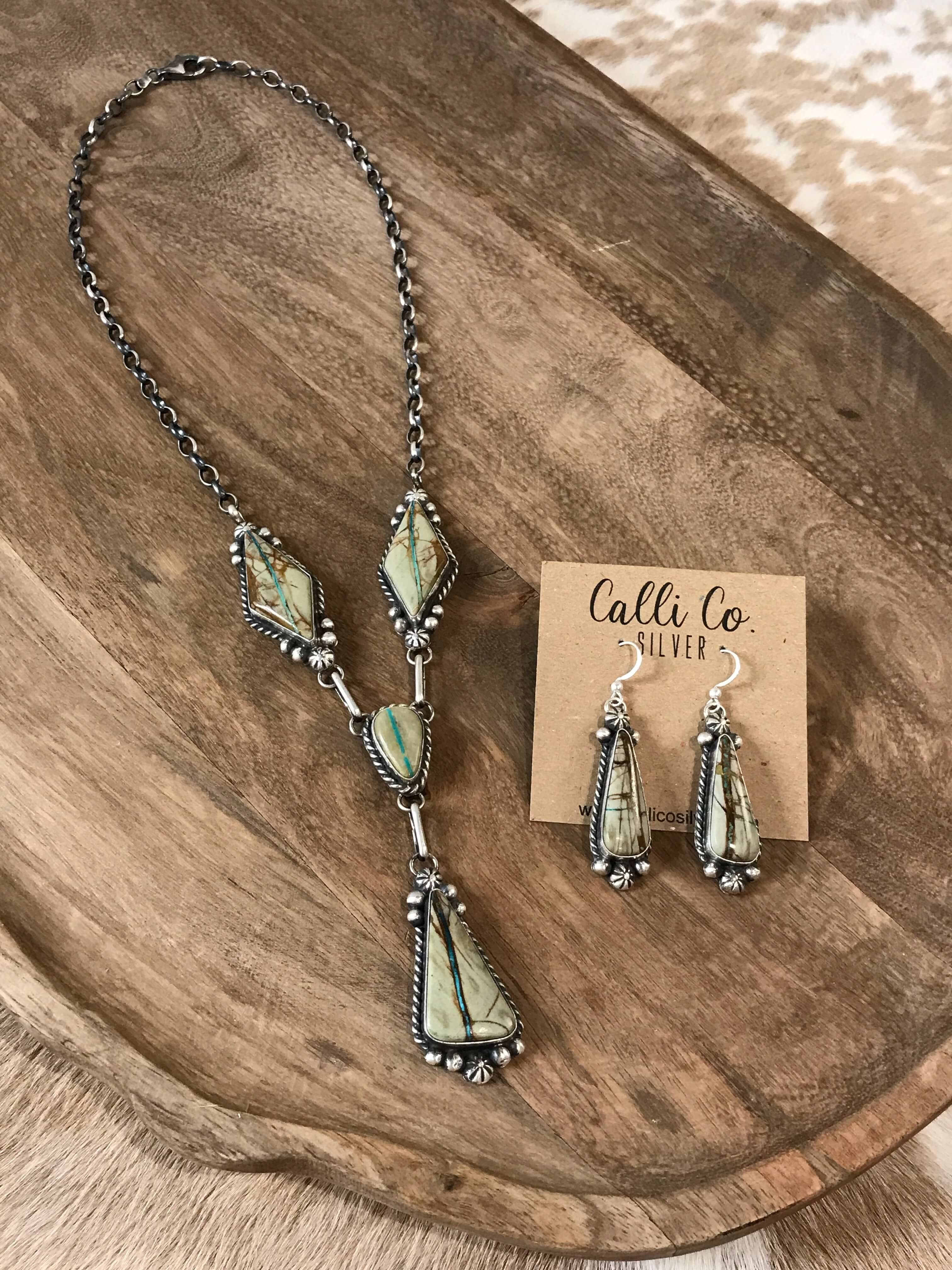 The Blaze Lariat Necklace Set-Necklaces-Calli Co., Turquoise and Silver Jewelry, Native American Handmade, Zuni Tribe, Navajo Tribe, Brock Texas