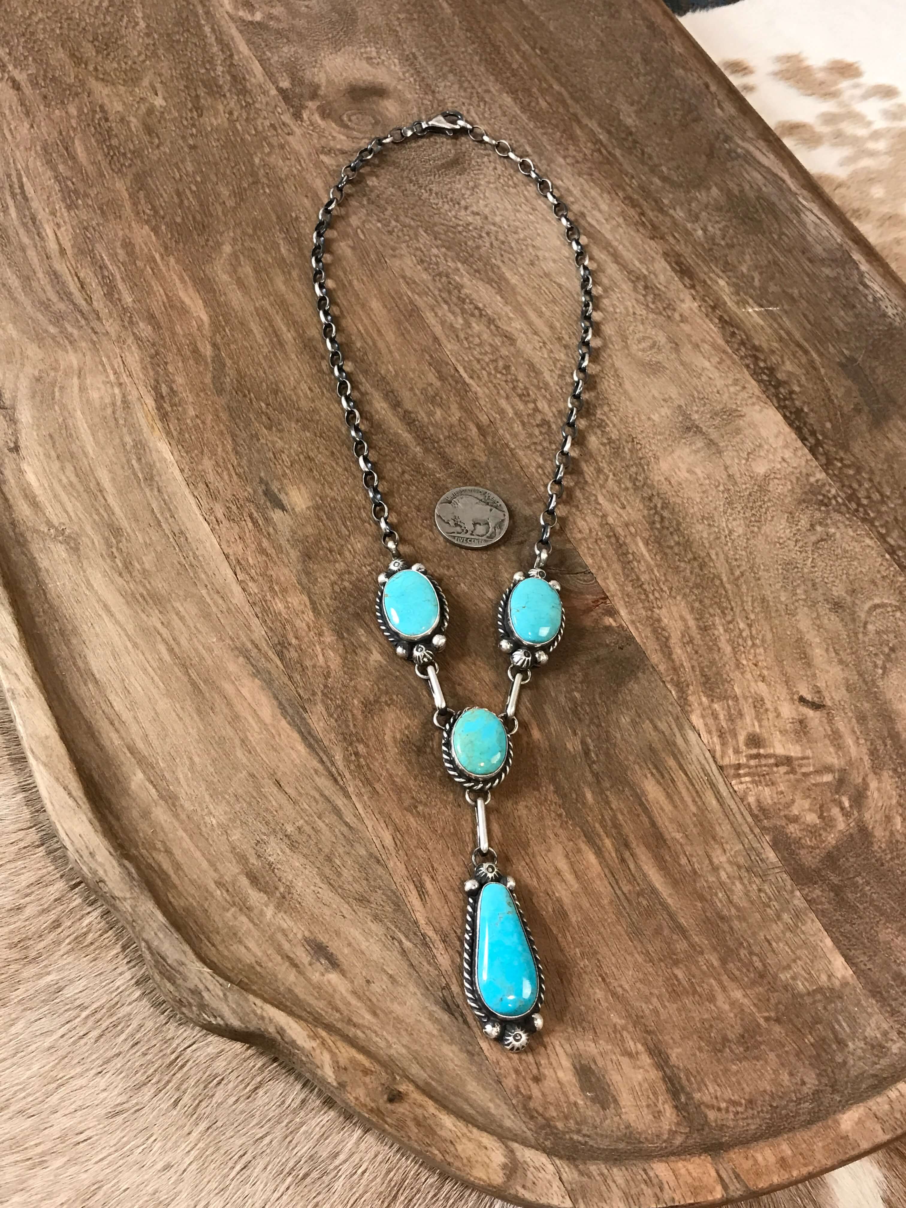 The Indigo Turquoise Lariat Necklace Set-Necklaces-Calli Co., Turquoise and Silver Jewelry, Native American Handmade, Zuni Tribe, Navajo Tribe, Brock Texas