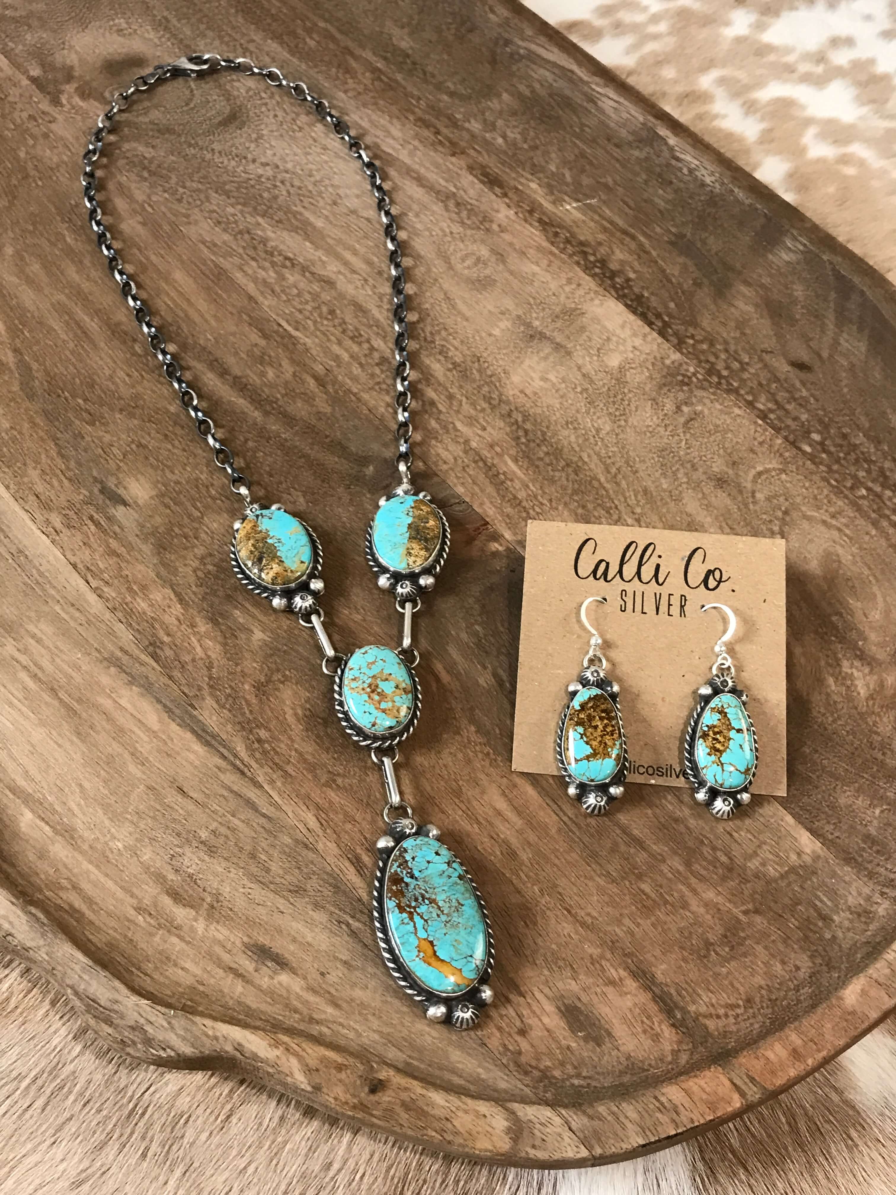 The Adler Turquoise Lariat Necklace Set-Necklaces-Calli Co., Turquoise and Silver Jewelry, Native American Handmade, Zuni Tribe, Navajo Tribe, Brock Texas