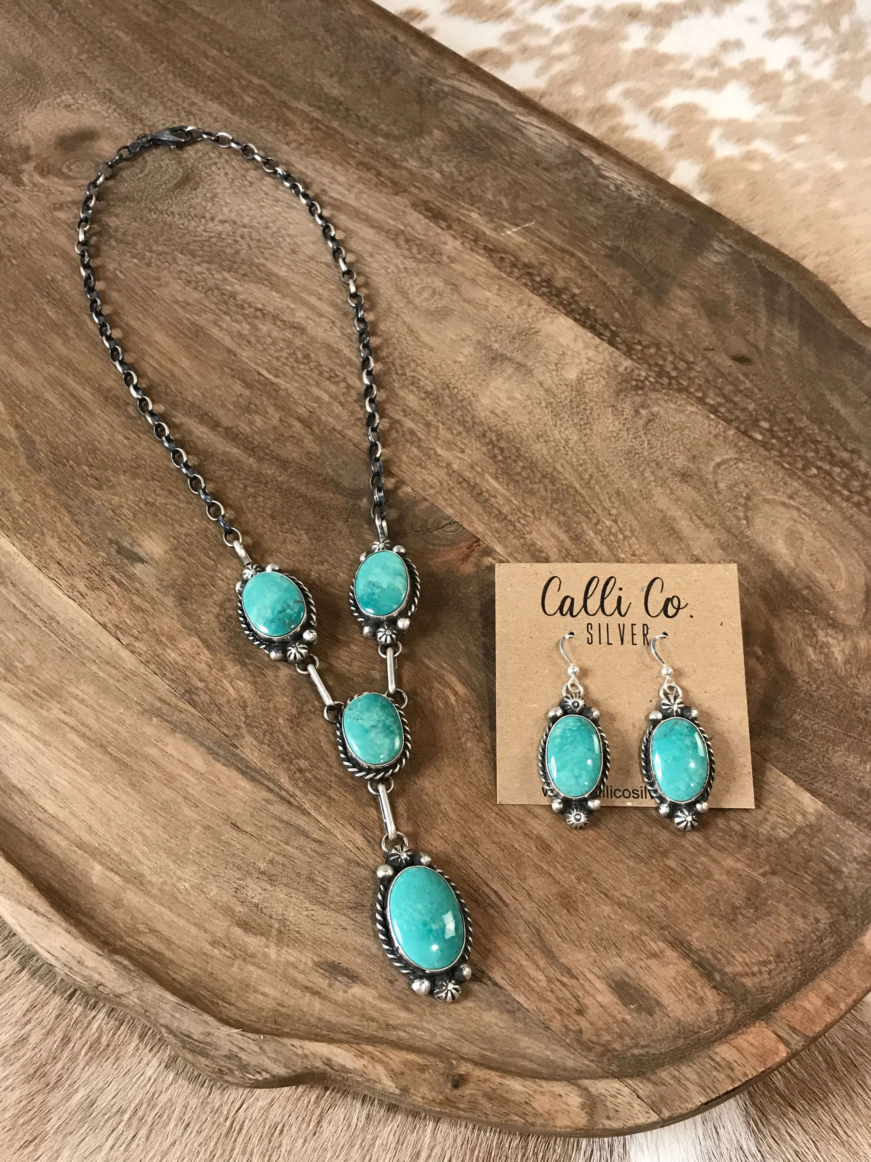 The Hugo Turquoise Lariat Necklace Set-Necklaces-Calli Co., Turquoise and Silver Jewelry, Native American Handmade, Zuni Tribe, Navajo Tribe, Brock Texas