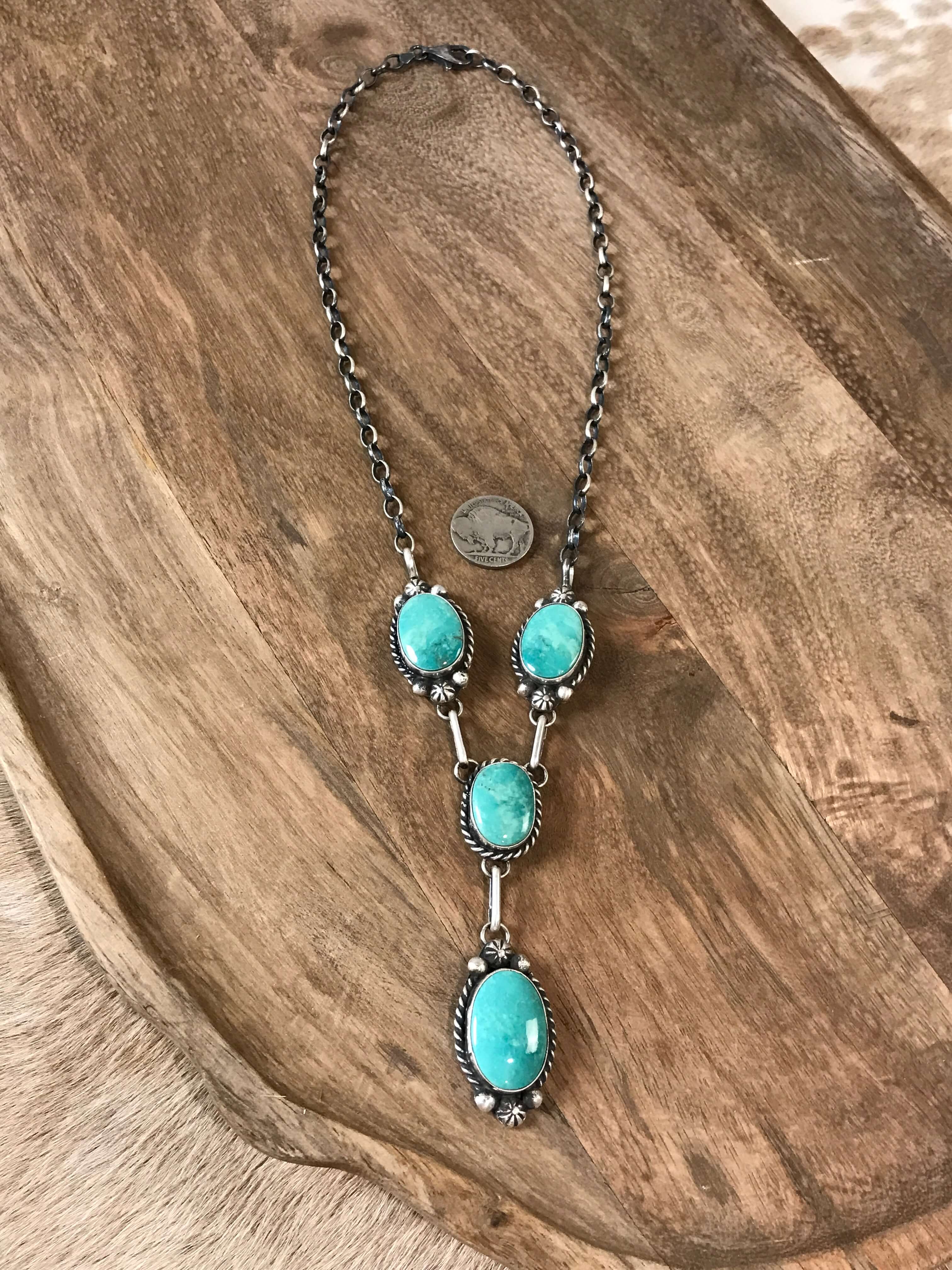 The Hugo Turquoise Lariat Necklace Set-Necklaces-Calli Co., Turquoise and Silver Jewelry, Native American Handmade, Zuni Tribe, Navajo Tribe, Brock Texas