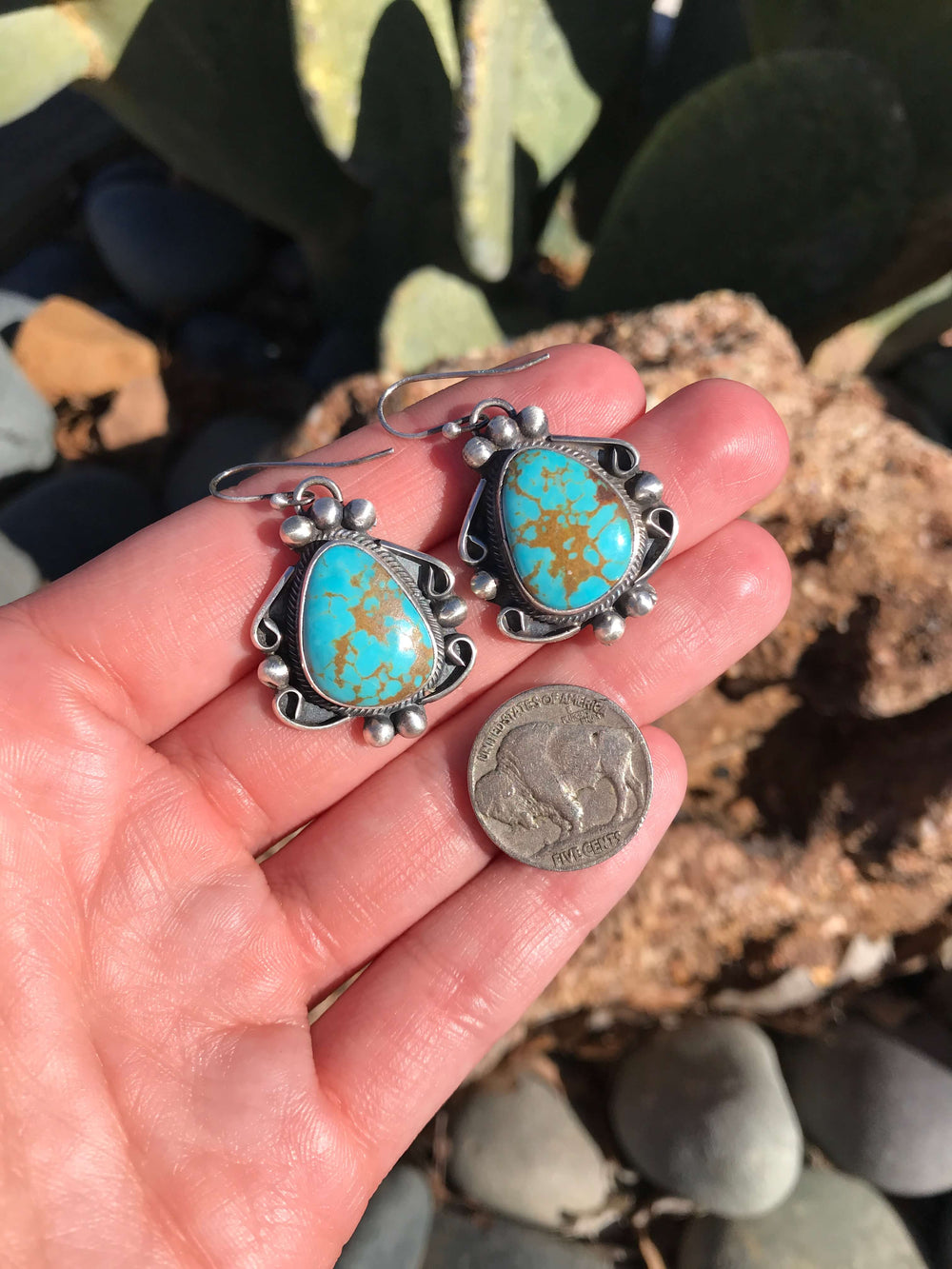 The Turquoise Dangle Earrings, 13-Earrings-Calli Co., Turquoise and Silver Jewelry, Native American Handmade, Zuni Tribe, Navajo Tribe, Brock Texas