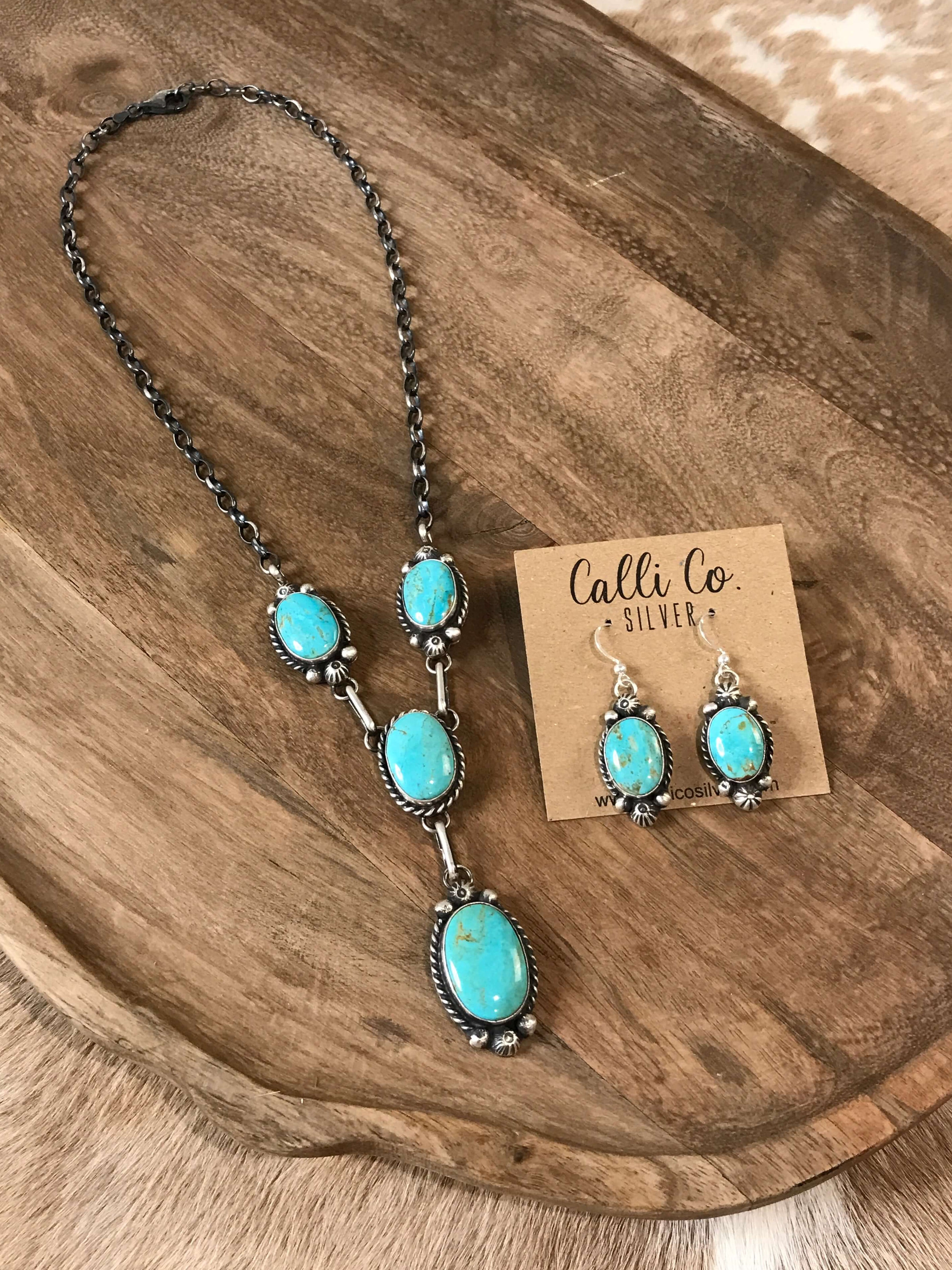 The Ramona Turquoise Lariat Necklace Set-Necklaces-Calli Co., Turquoise and Silver Jewelry, Native American Handmade, Zuni Tribe, Navajo Tribe, Brock Texas