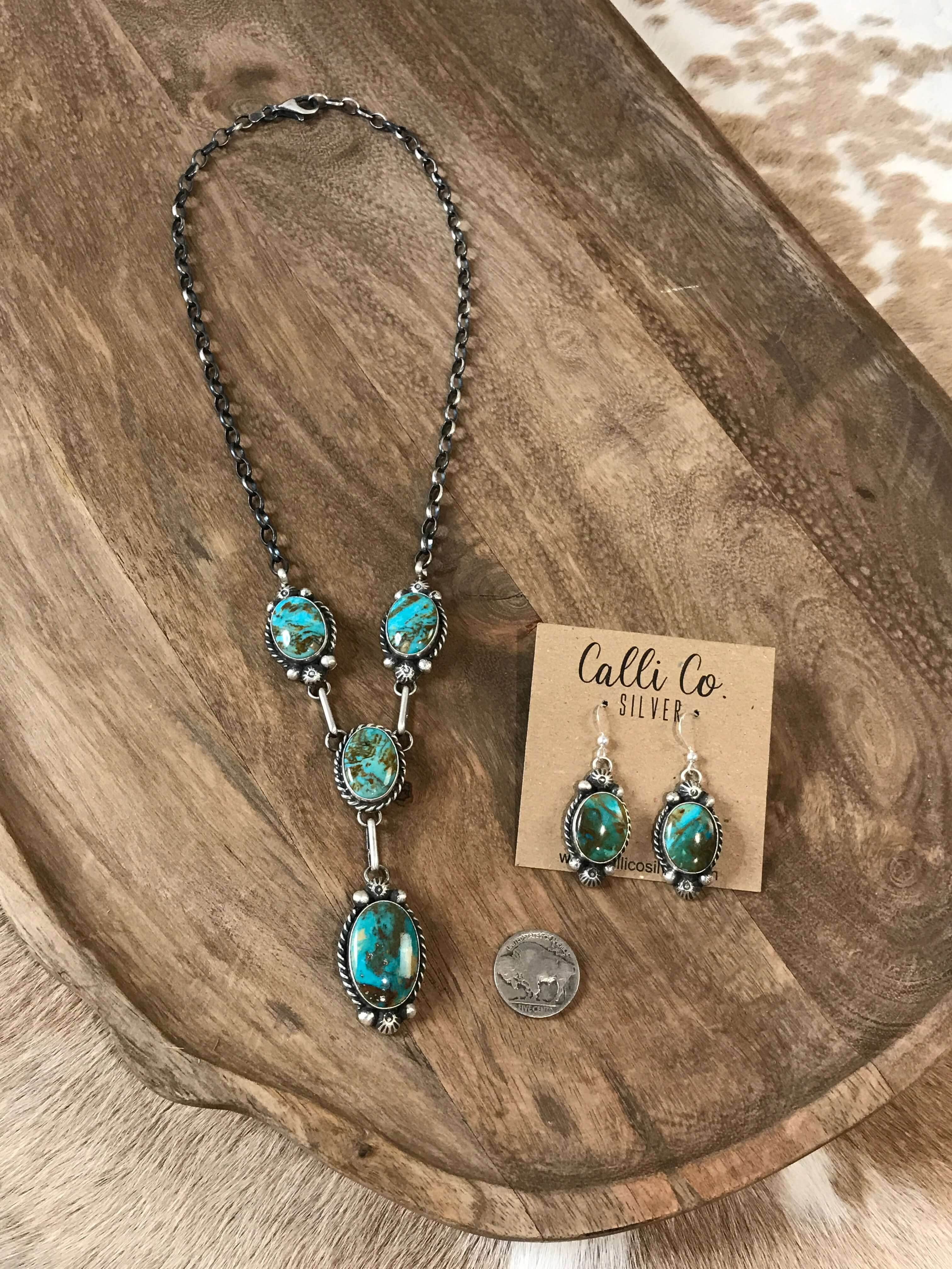 The Kilbuck Turquoise Lariat Necklace Set-Necklaces-Calli Co., Turquoise and Silver Jewelry, Native American Handmade, Zuni Tribe, Navajo Tribe, Brock Texas