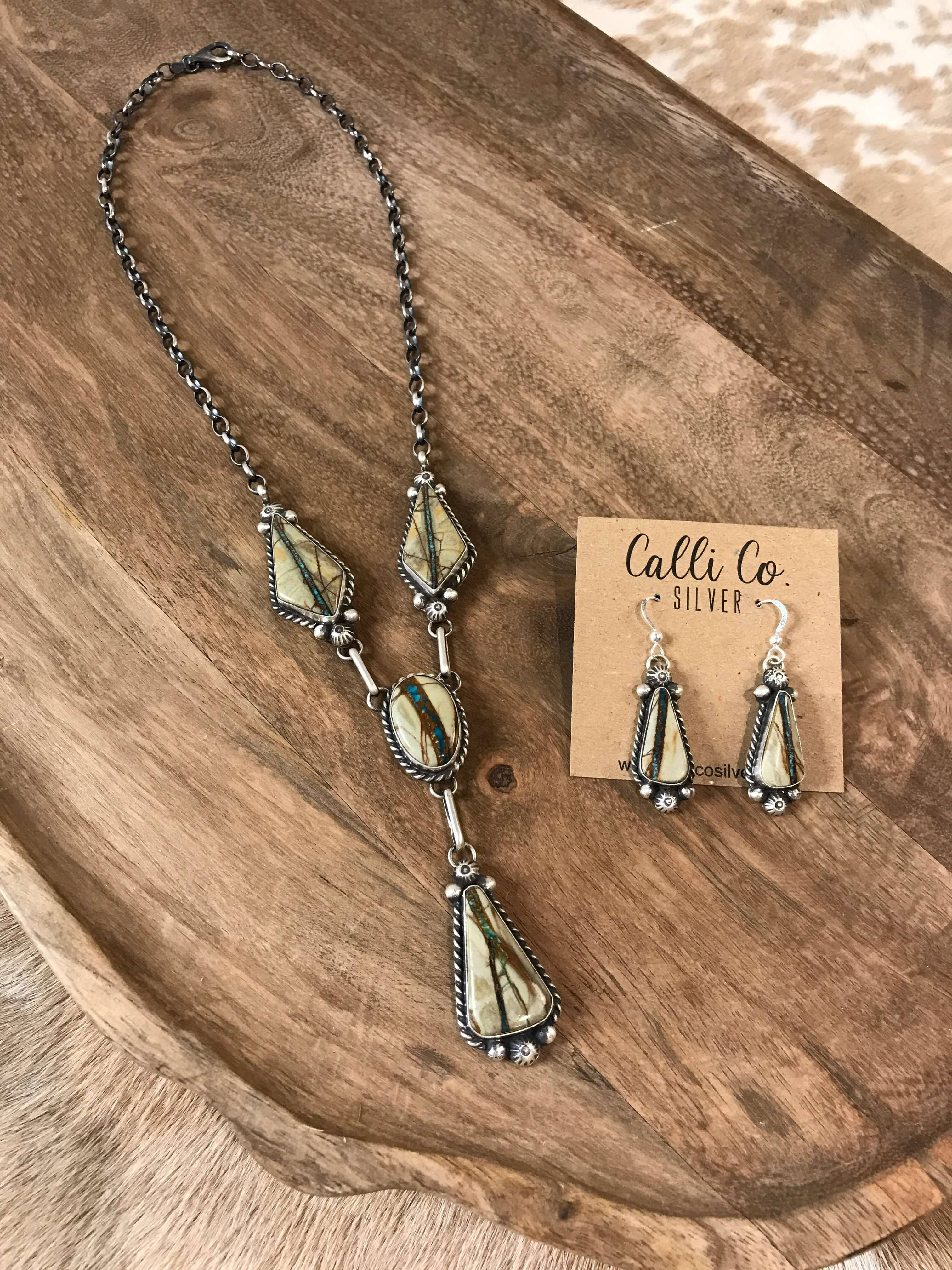The Tupack Lariat Necklace Set-Necklaces-Calli Co., Turquoise and Silver Jewelry, Native American Handmade, Zuni Tribe, Navajo Tribe, Brock Texas