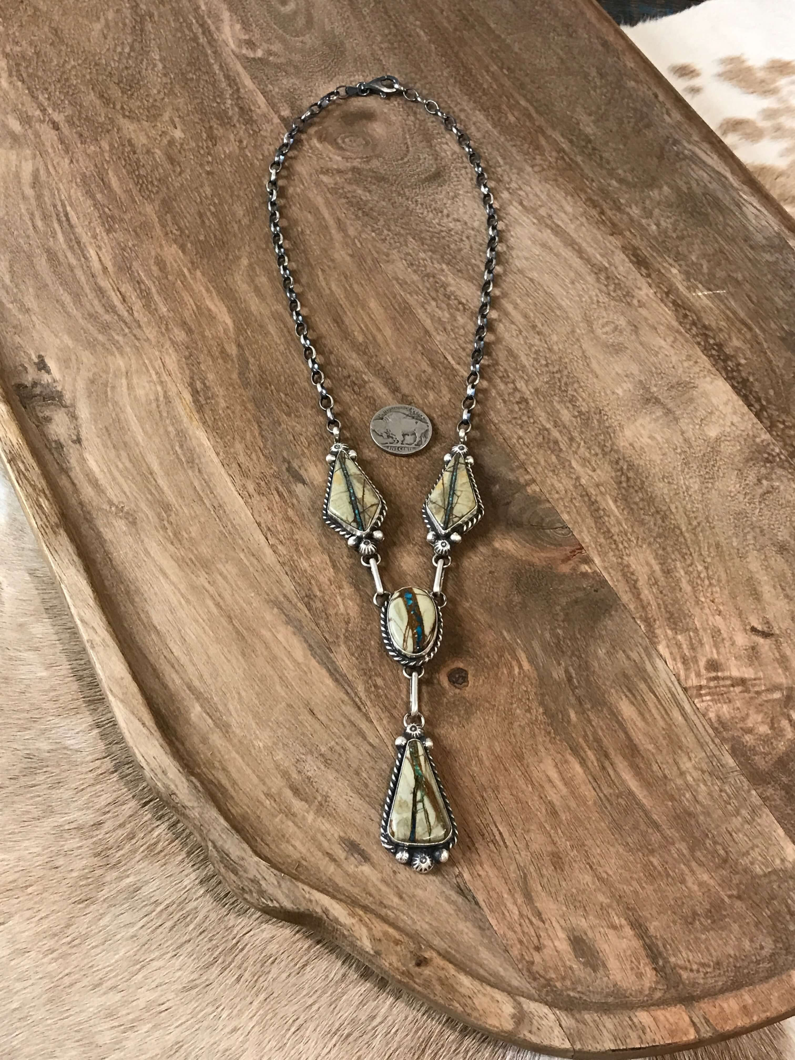 The Tupack Lariat Necklace Set-Necklaces-Calli Co., Turquoise and Silver Jewelry, Native American Handmade, Zuni Tribe, Navajo Tribe, Brock Texas