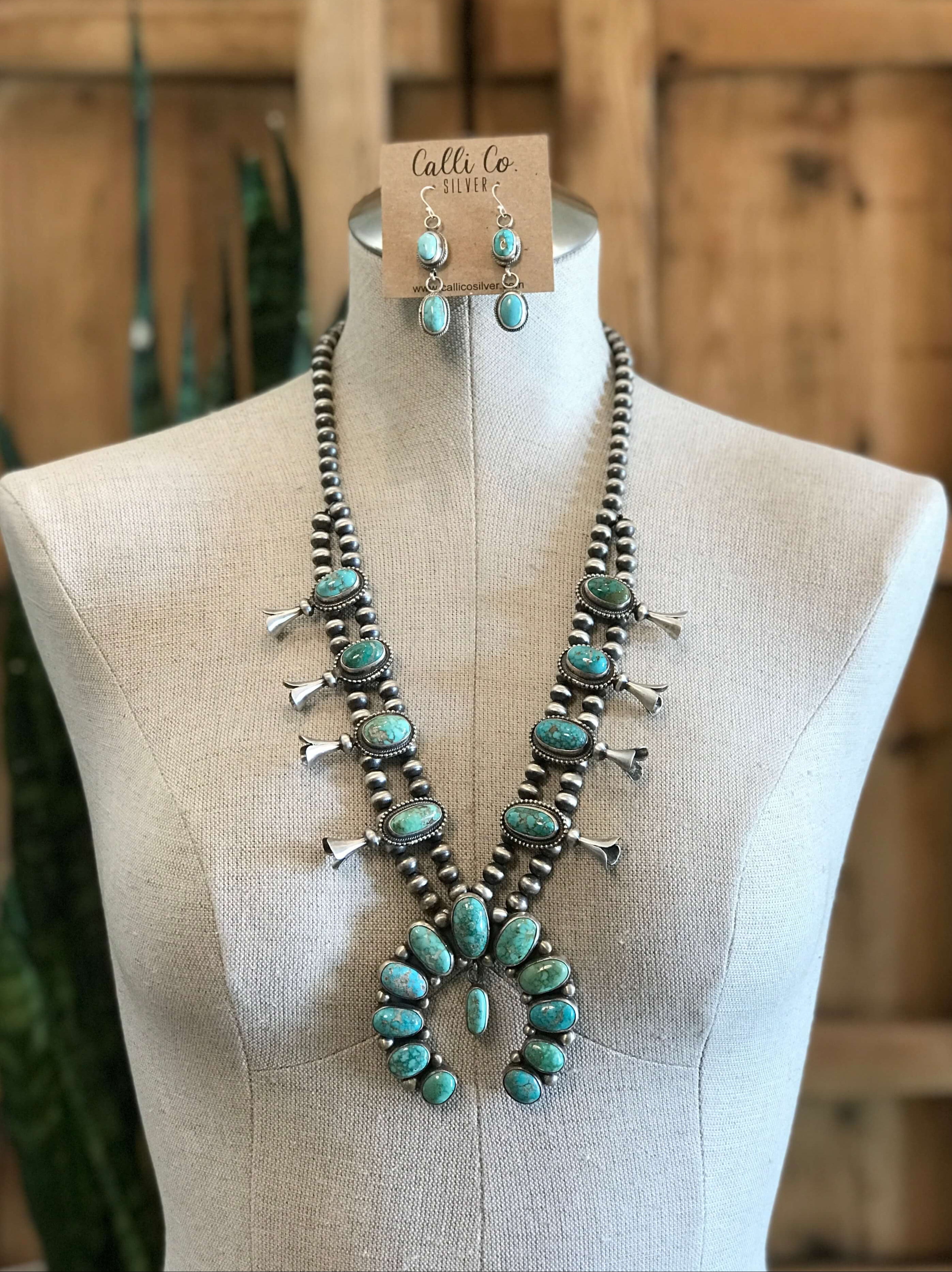 The Hatfield Squash Blossom Necklace Set-Necklaces-Calli Co., Turquoise and Silver Jewelry, Native American Handmade, Zuni Tribe, Navajo Tribe, Brock Texas