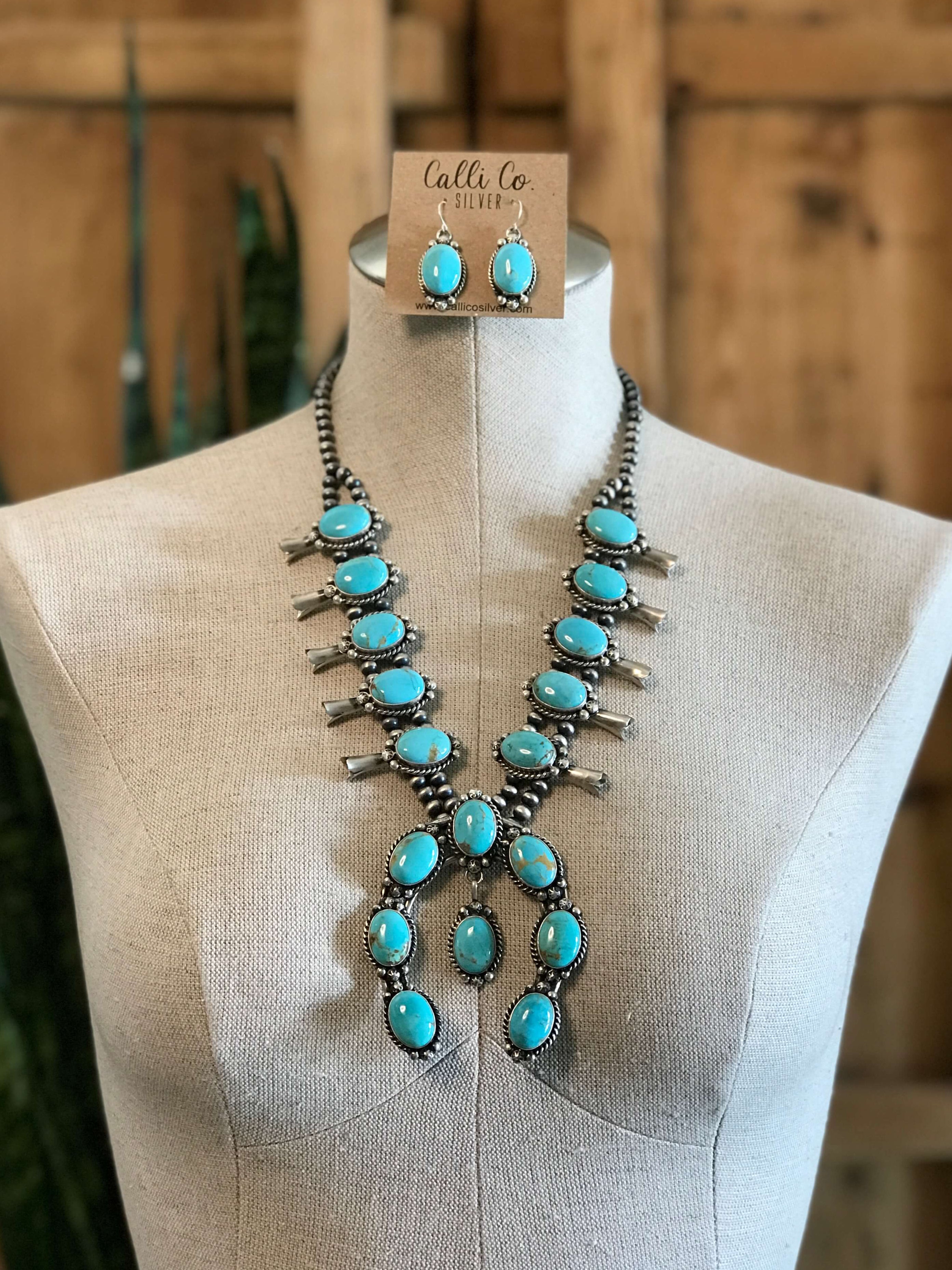 The Solstice Squash Blossom Necklace Set-Necklaces-Calli Co., Turquoise and Silver Jewelry, Native American Handmade, Zuni Tribe, Navajo Tribe, Brock Texas