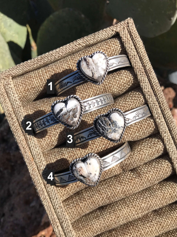 The White Buffalo Heart Cuffs-Bracelets & Cuffs-Calli Co., Turquoise and Silver Jewelry, Native American Handmade, Zuni Tribe, Navajo Tribe, Brock Texas