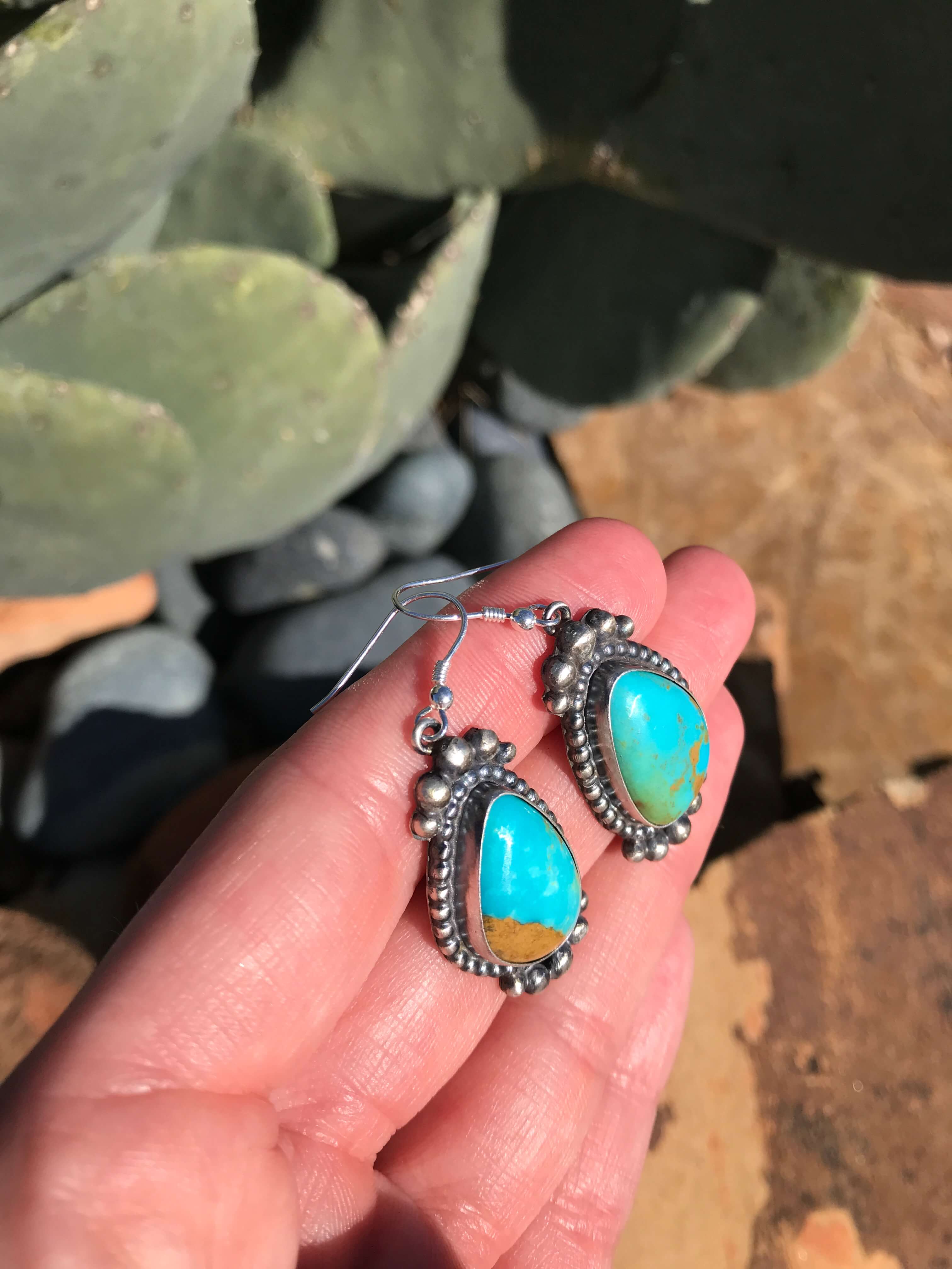 The Turquoise Dangle Earrings, 4-Earrings-Calli Co., Turquoise and Silver Jewelry, Native American Handmade, Zuni Tribe, Navajo Tribe, Brock Texas