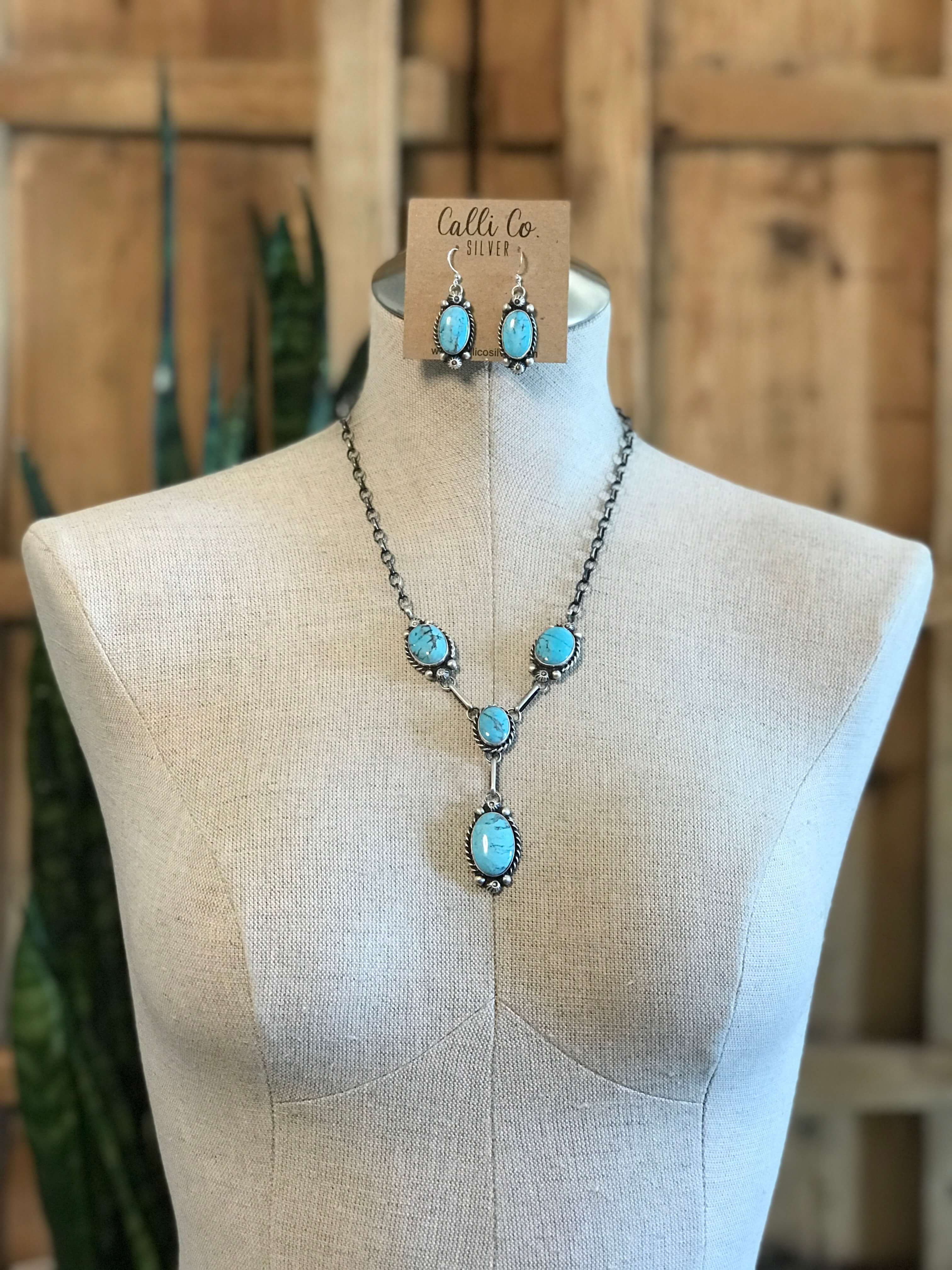 The Reeves Turquoise Lariat Necklace Set-Necklaces-Calli Co., Turquoise and Silver Jewelry, Native American Handmade, Zuni Tribe, Navajo Tribe, Brock Texas