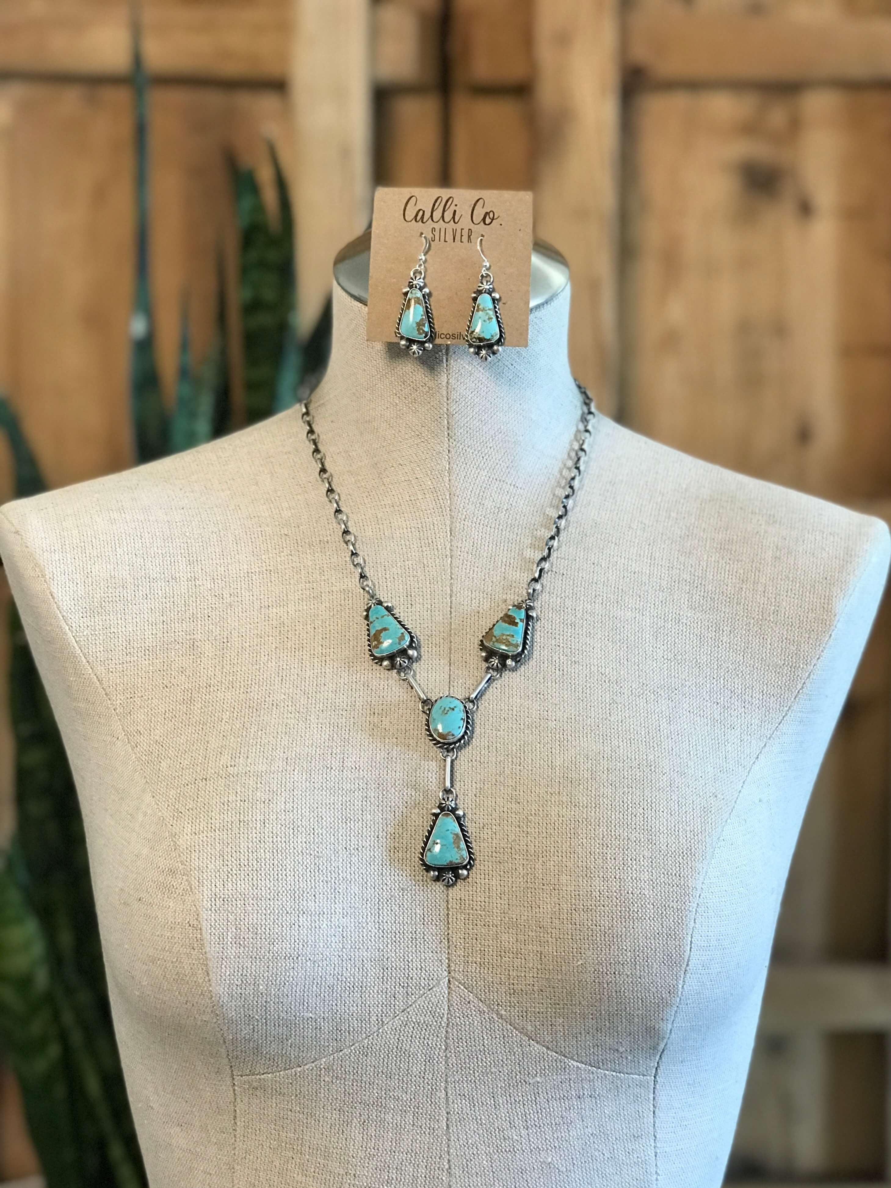 The Mills Turquoise Lariat Necklace Set-Necklaces-Calli Co., Turquoise and Silver Jewelry, Native American Handmade, Zuni Tribe, Navajo Tribe, Brock Texas