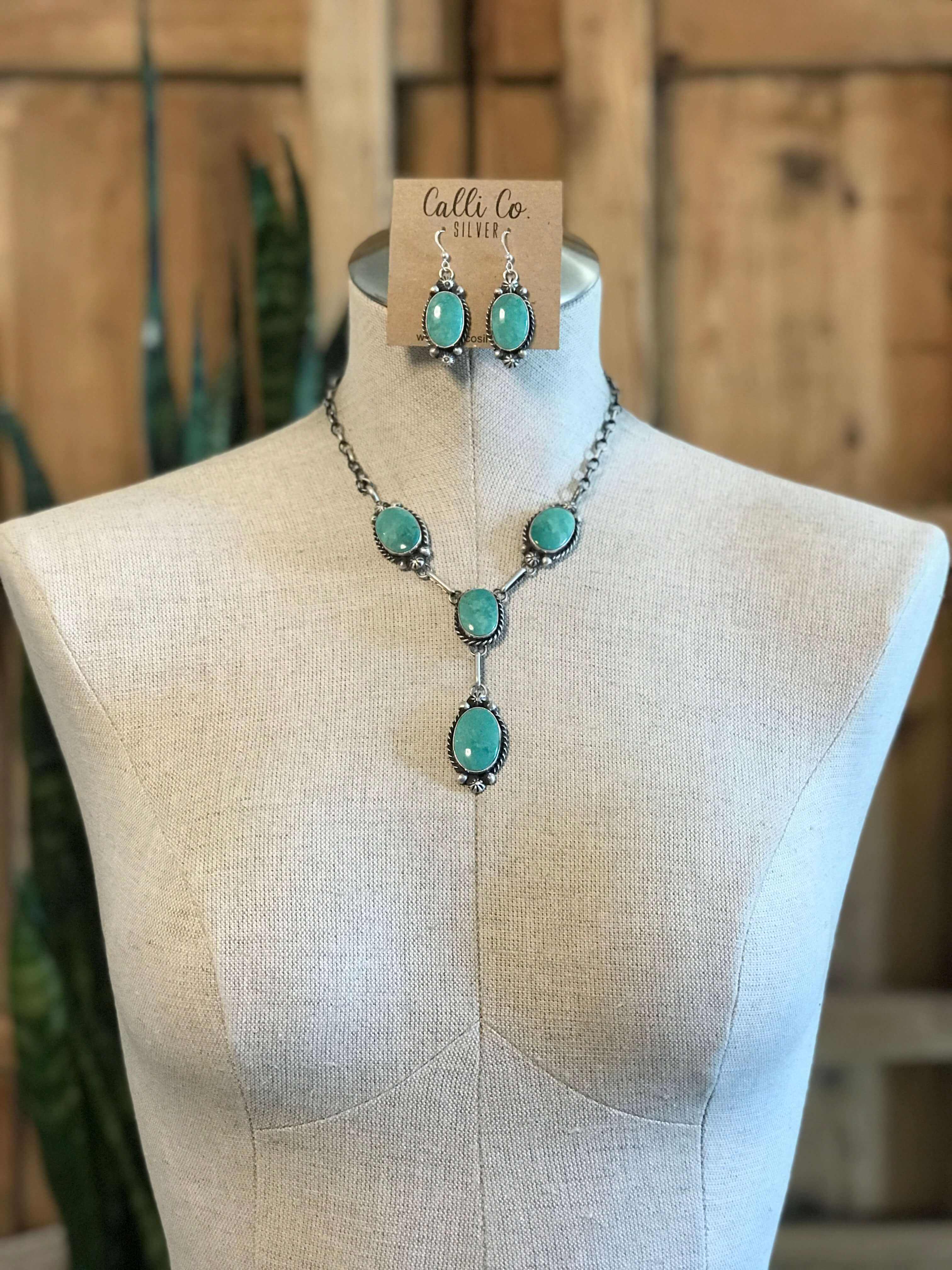The Hugo Turquoise Lariat Necklace Set-Necklaces-Calli Co., Turquoise and Silver Jewelry, Native American Handmade, Zuni Tribe, Navajo Tribe, Brock Texas