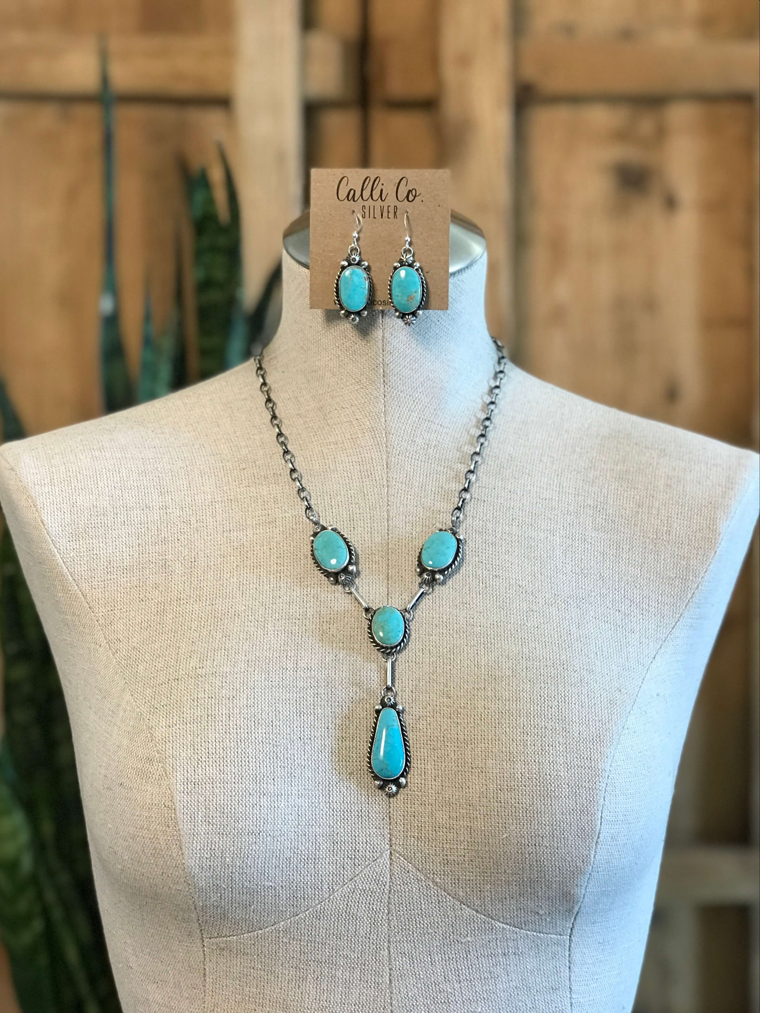 The Indigo Turquoise Lariat Necklace Set-Necklaces-Calli Co., Turquoise and Silver Jewelry, Native American Handmade, Zuni Tribe, Navajo Tribe, Brock Texas