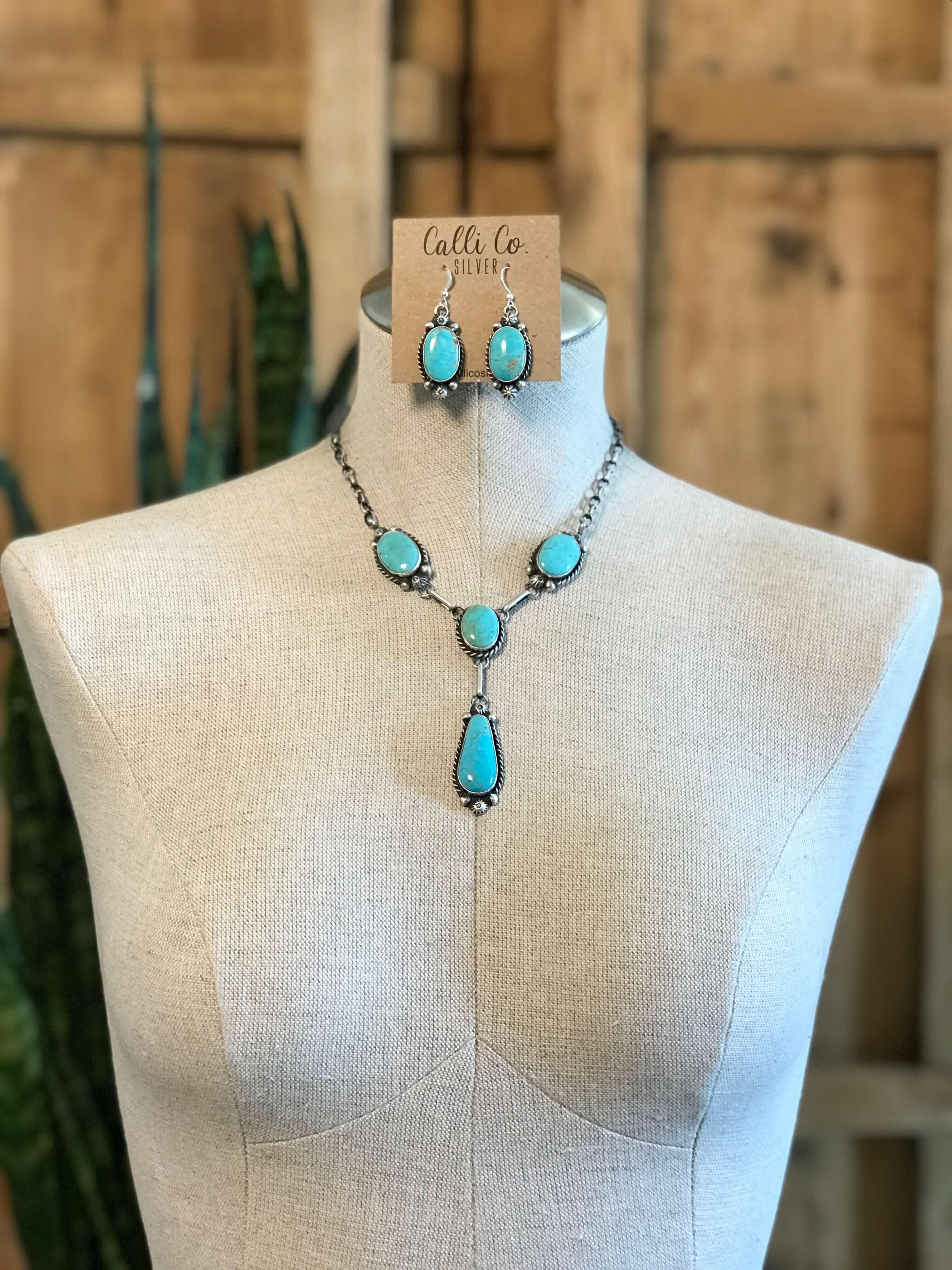 The Indigo Turquoise Lariat Necklace Set-Necklaces-Calli Co., Turquoise and Silver Jewelry, Native American Handmade, Zuni Tribe, Navajo Tribe, Brock Texas