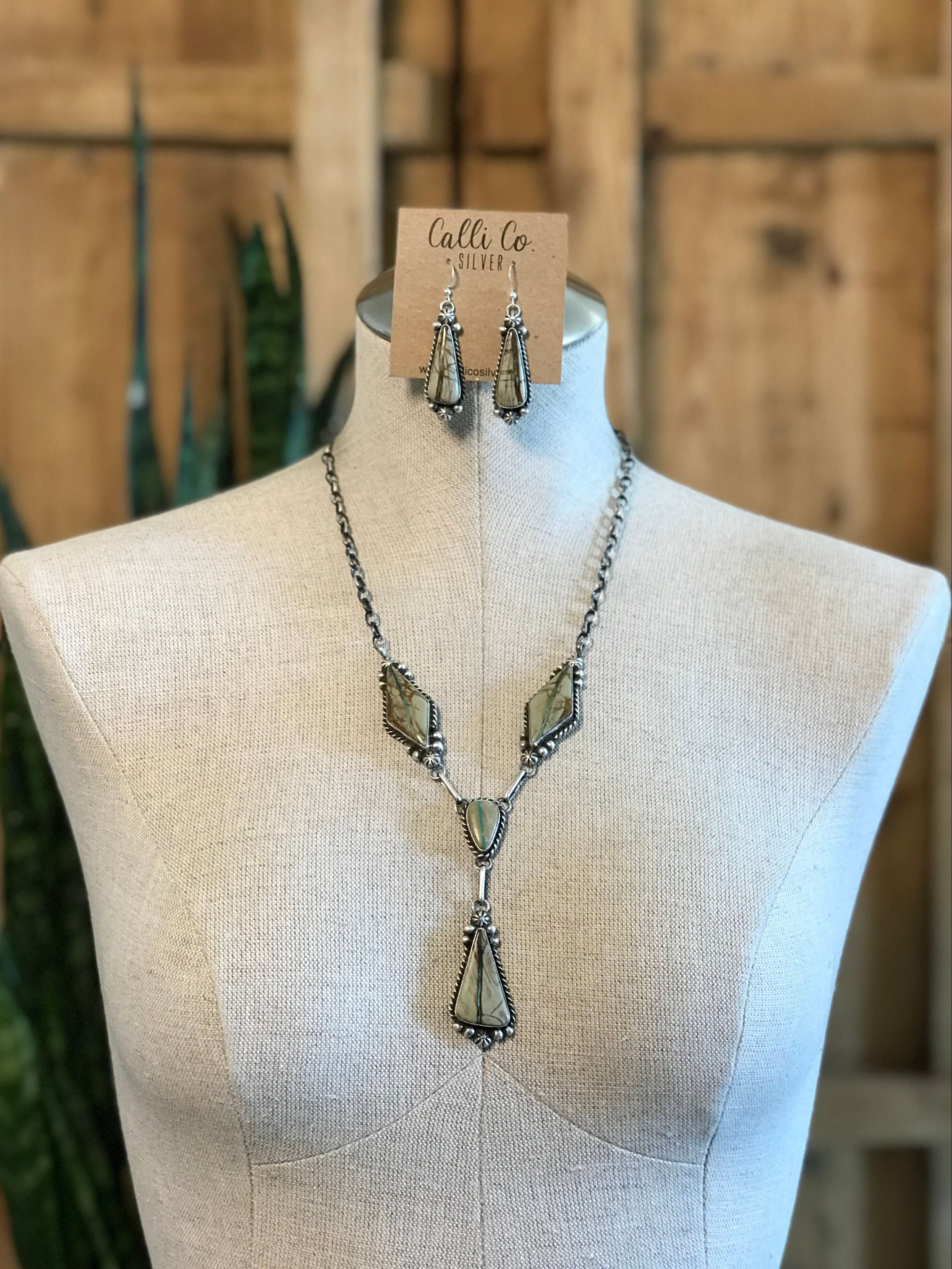 The Blaze Lariat Necklace Set-Necklaces-Calli Co., Turquoise and Silver Jewelry, Native American Handmade, Zuni Tribe, Navajo Tribe, Brock Texas