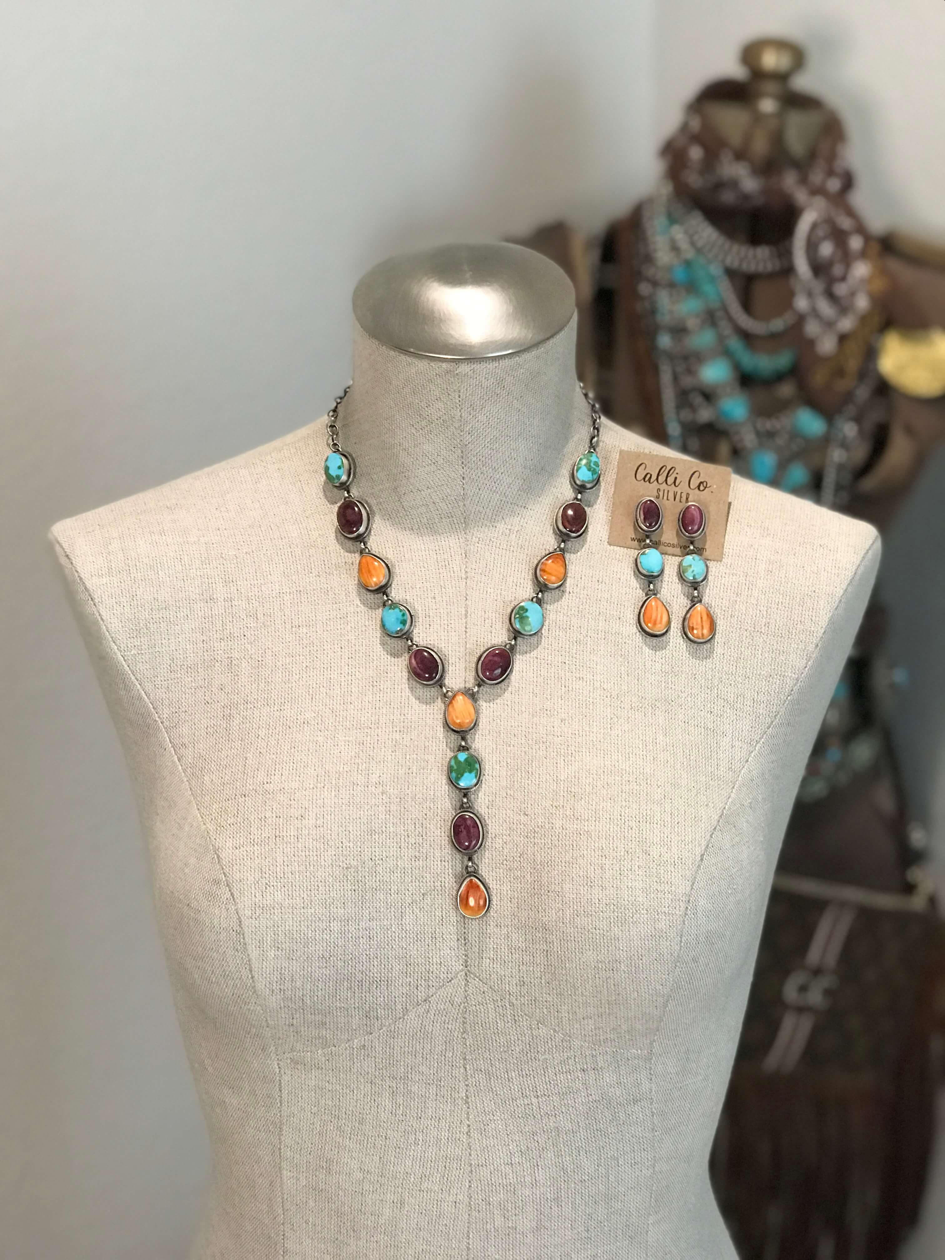 The Alston Turquoise and Spiny Oyster Lariat Necklace Set-Necklaces-Calli Co., Turquoise and Silver Jewelry, Native American Handmade, Zuni Tribe, Navajo Tribe, Brock Texas