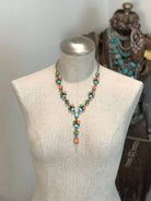 The Ozona Orange Spiny Oyster and Turquoise Lariat Necklace Set-Necklaces-Calli Co., Turquoise and Silver Jewelry, Native American Handmade, Zuni Tribe, Navajo Tribe, Brock Texas