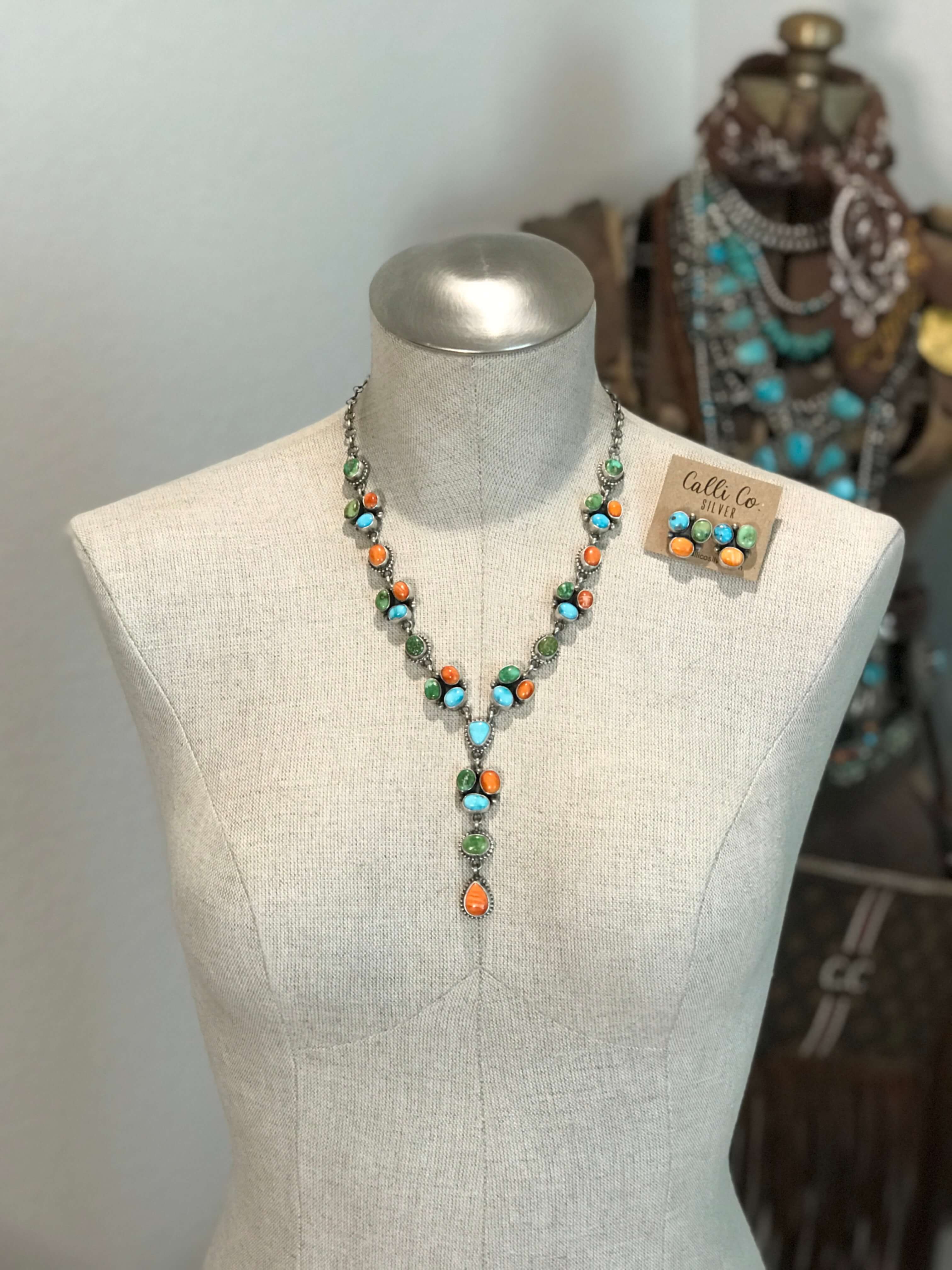 The Ozona Orange Spiny Oyster and Turquoise Lariat Necklace Set-Necklaces-Calli Co., Turquoise and Silver Jewelry, Native American Handmade, Zuni Tribe, Navajo Tribe, Brock Texas