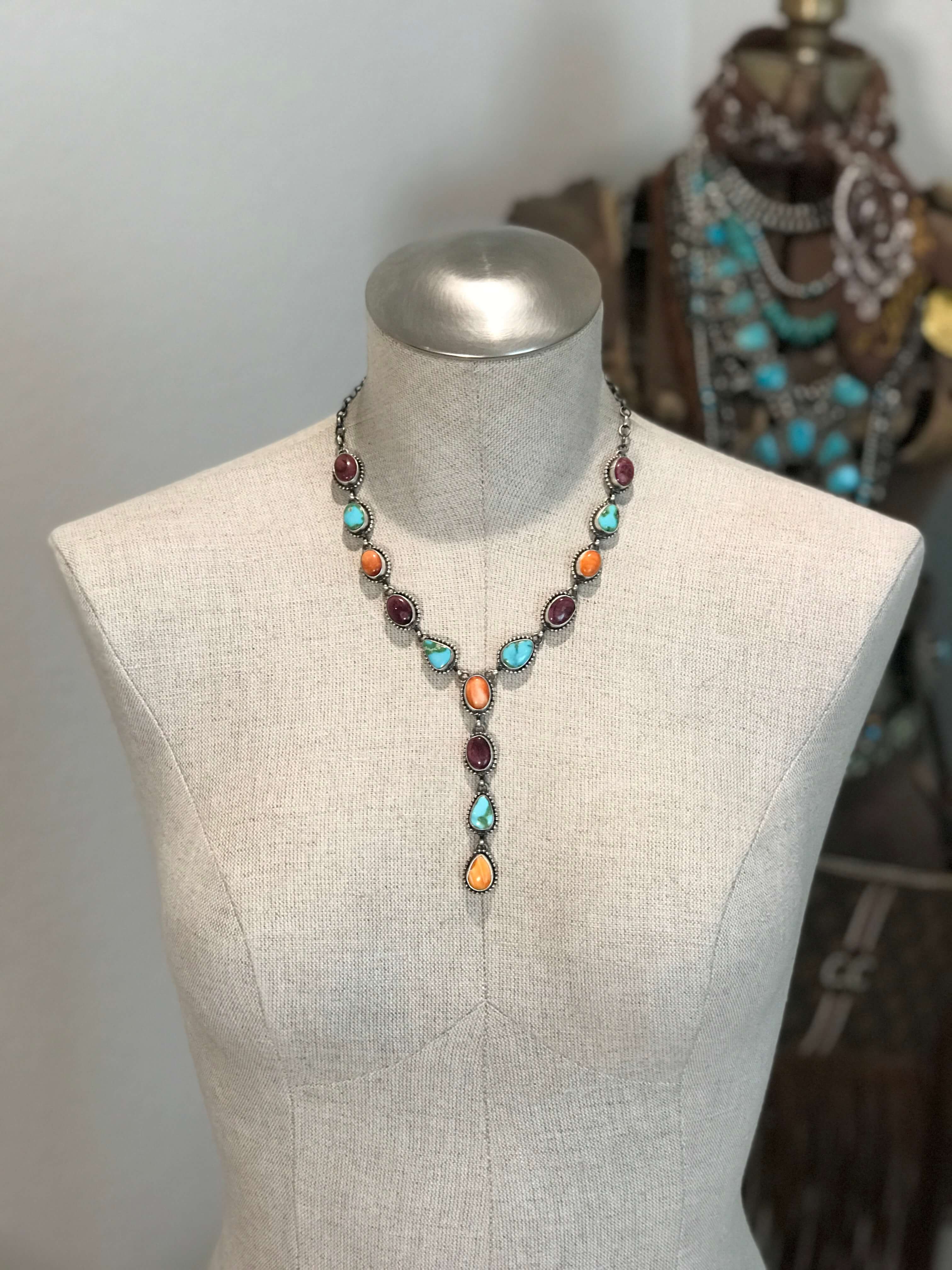 The Gaia Turquoise and Spiny Oyster Lariat Necklace Set-Necklaces-Calli Co., Turquoise and Silver Jewelry, Native American Handmade, Zuni Tribe, Navajo Tribe, Brock Texas