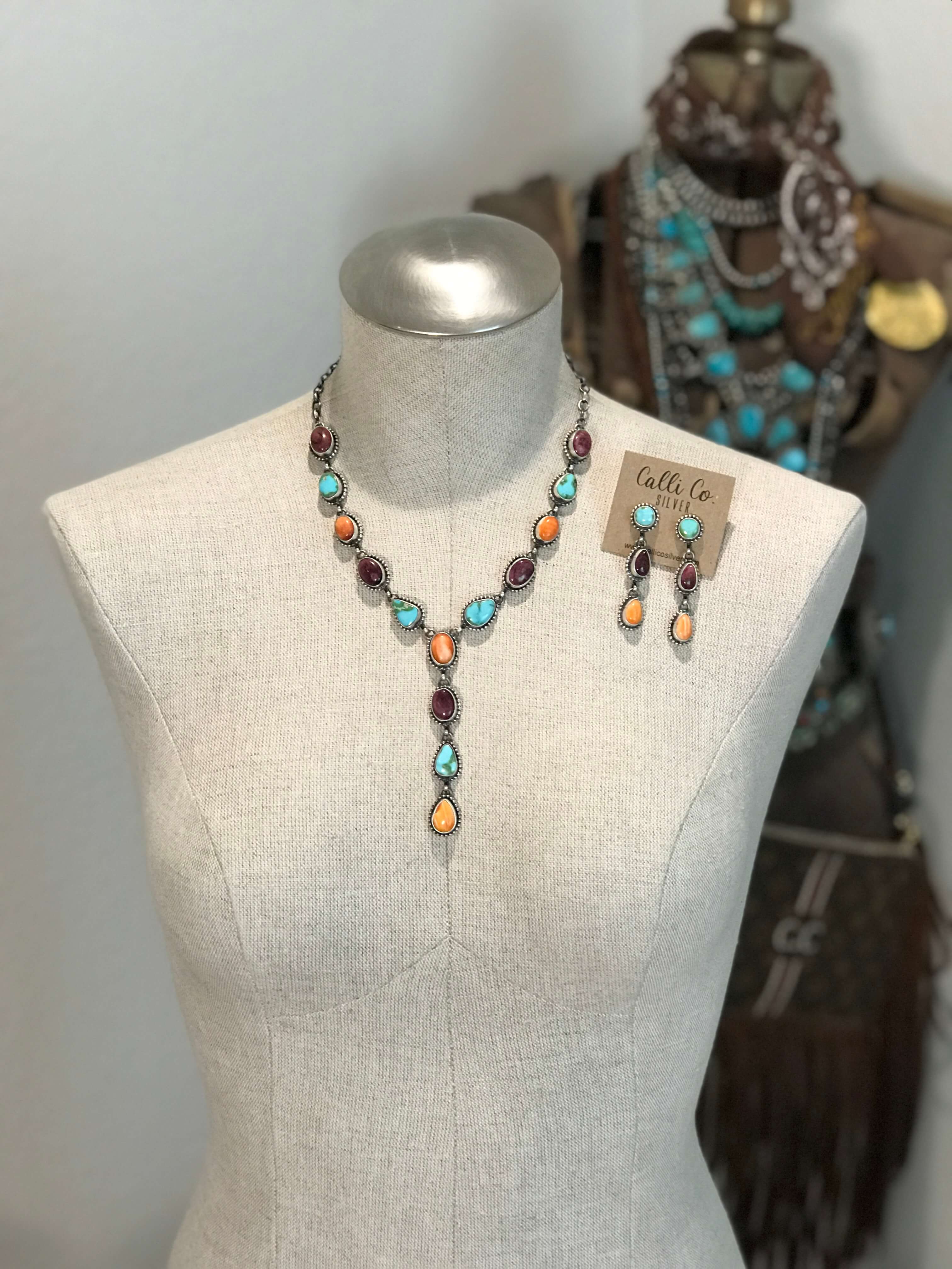 The Gaia Turquoise and Spiny Oyster Lariat Necklace Set-Necklaces-Calli Co., Turquoise and Silver Jewelry, Native American Handmade, Zuni Tribe, Navajo Tribe, Brock Texas