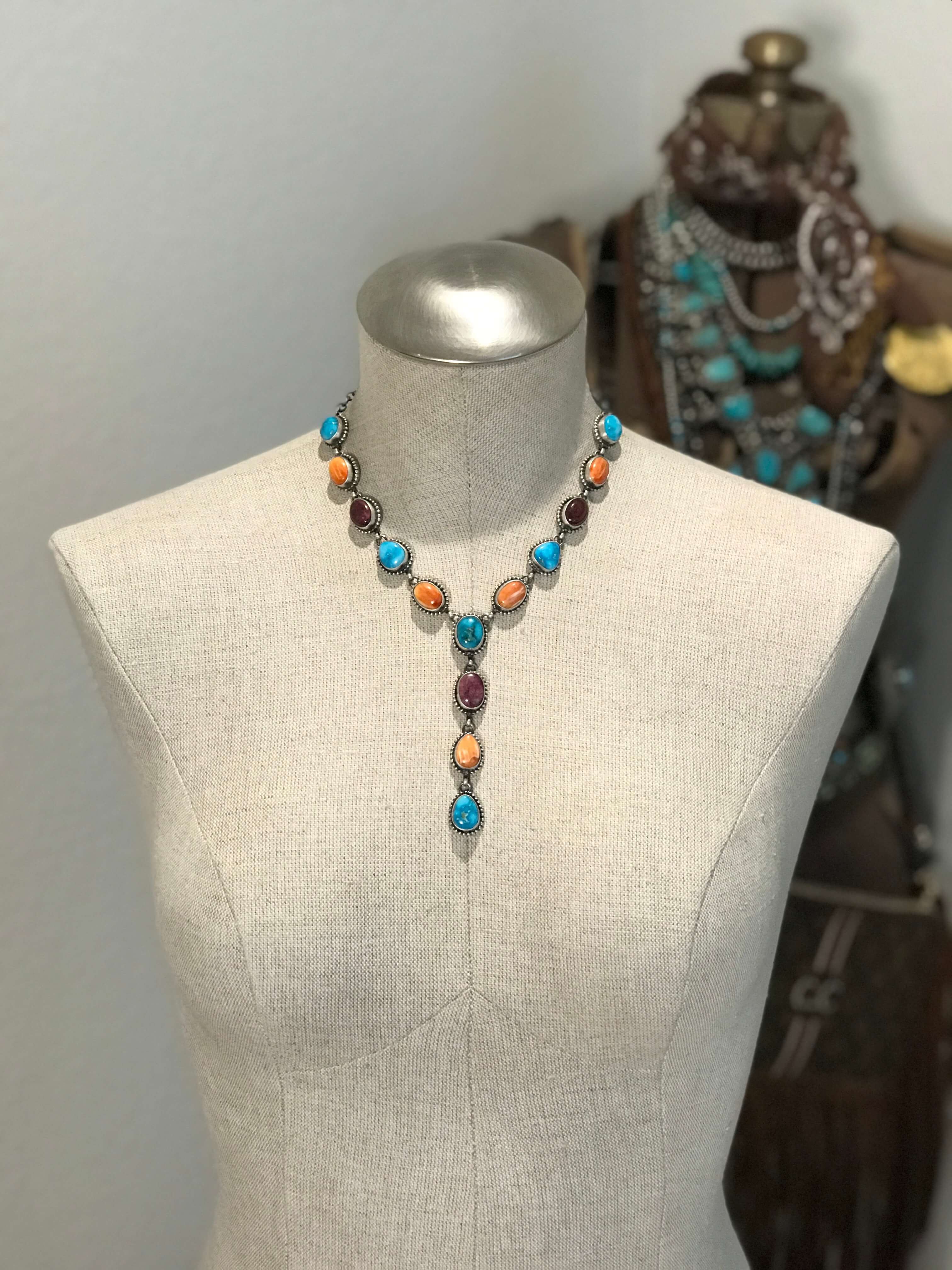 The Sedalia Turquoise and Spiny Lariat Necklace Set-Necklaces-Calli Co., Turquoise and Silver Jewelry, Native American Handmade, Zuni Tribe, Navajo Tribe, Brock Texas