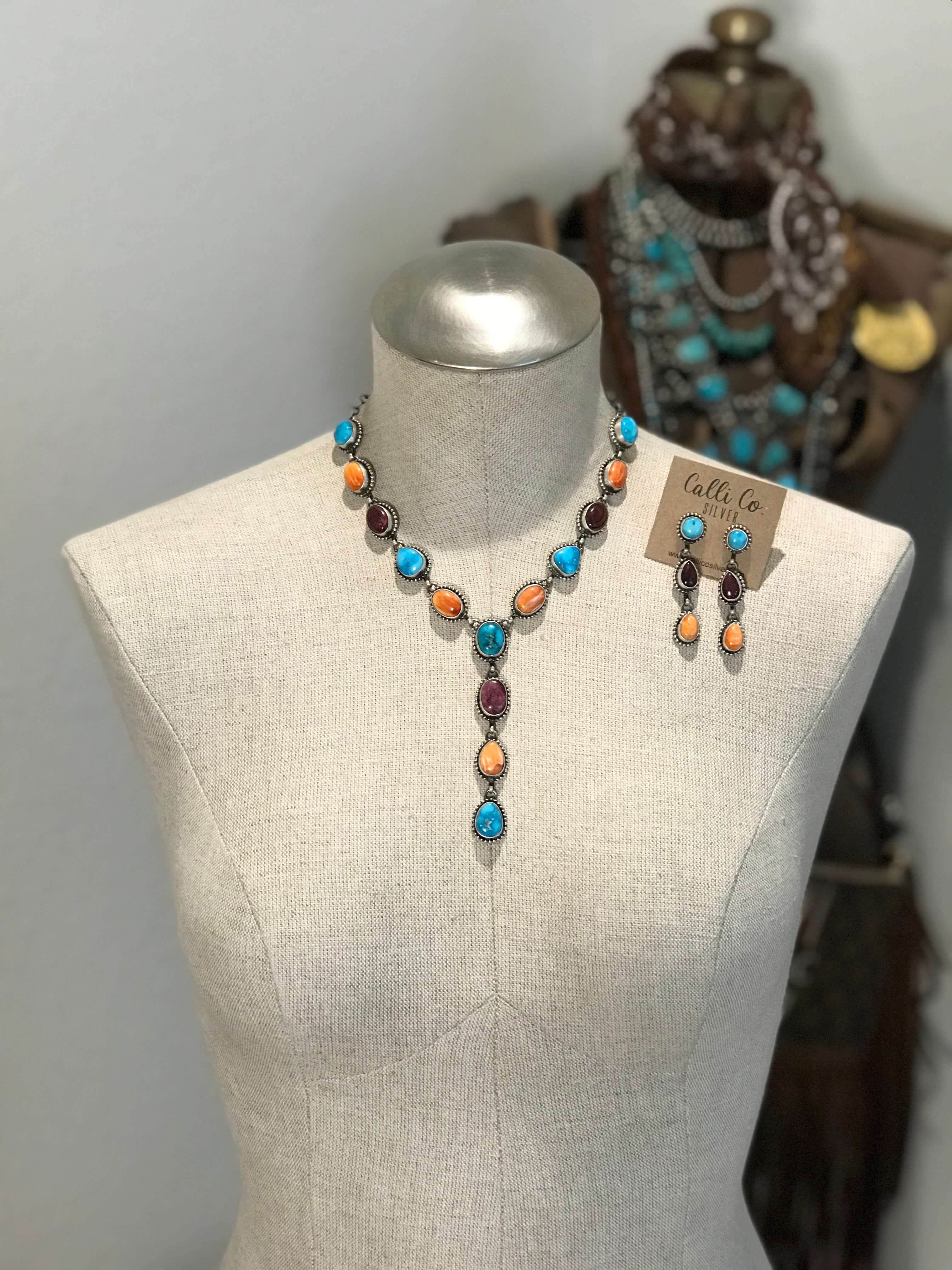 The Sedalia Turquoise and Spiny Lariat Necklace Set-Necklaces-Calli Co., Turquoise and Silver Jewelry, Native American Handmade, Zuni Tribe, Navajo Tribe, Brock Texas