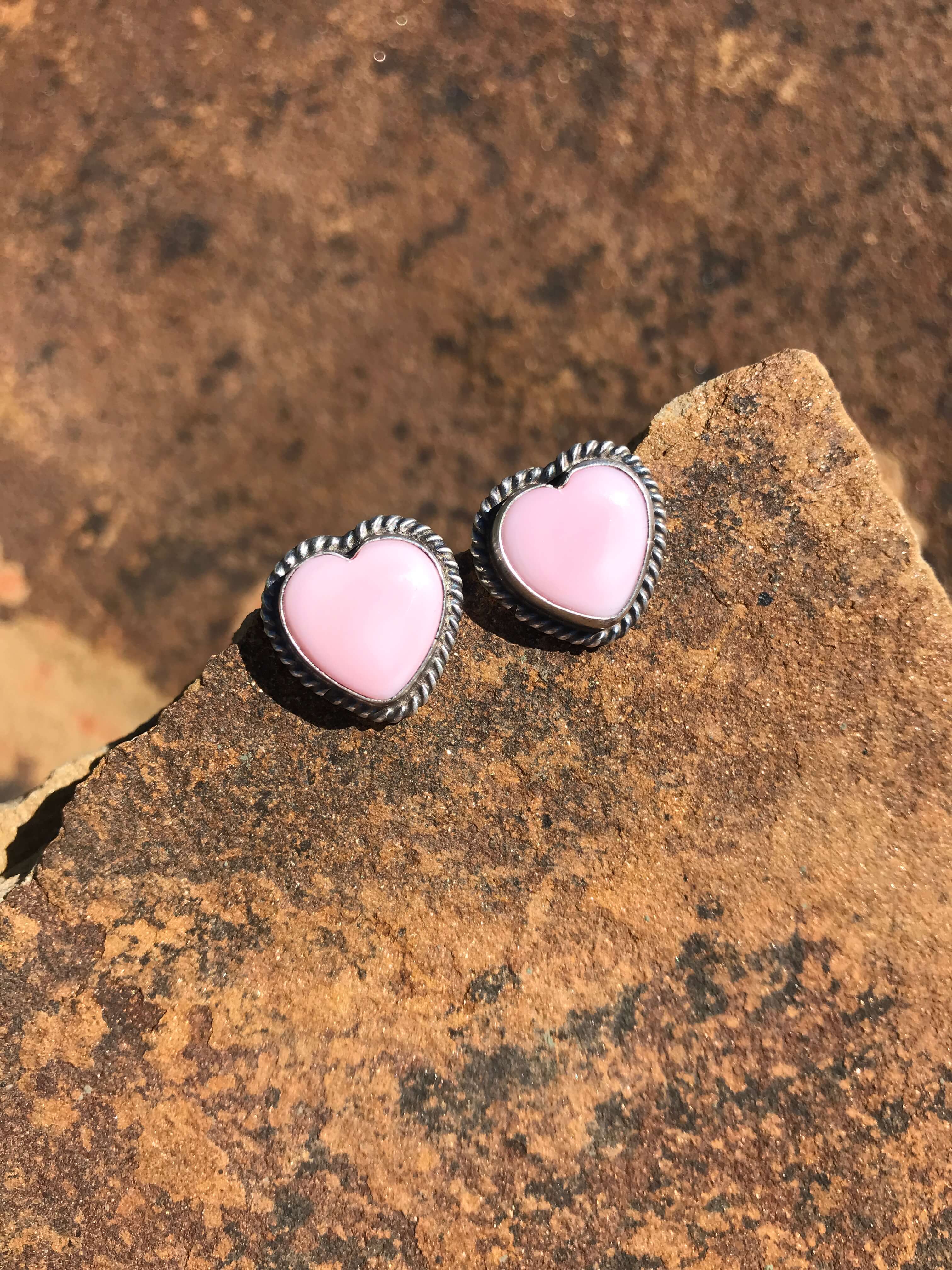 The Pink Conch Heart Studs-Earrings-Calli Co., Turquoise and Silver Jewelry, Native American Handmade, Zuni Tribe, Navajo Tribe, Brock Texas