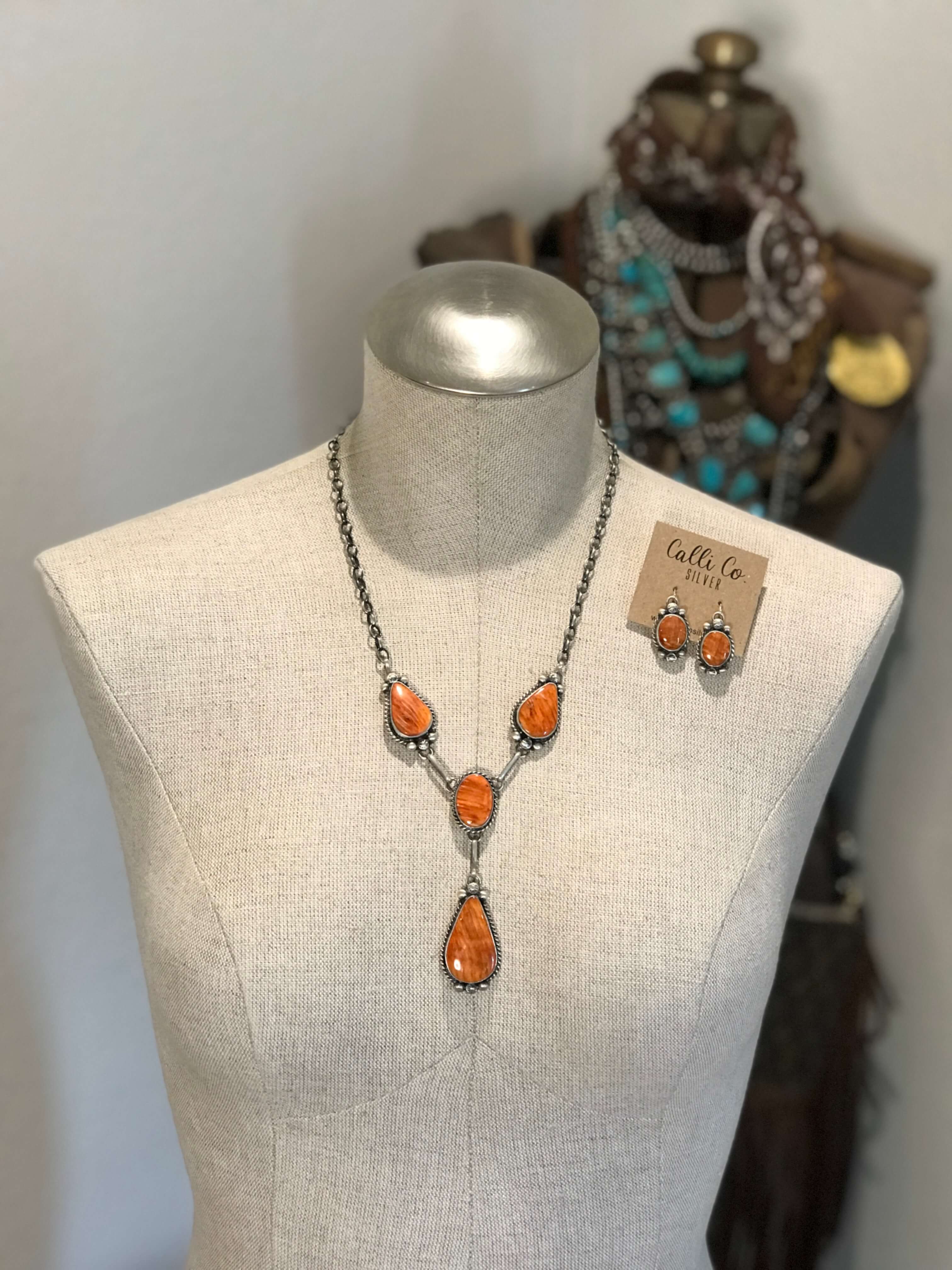 The Landry Orange Spiny Lariat Necklace Set-Necklaces-Calli Co., Turquoise and Silver Jewelry, Native American Handmade, Zuni Tribe, Navajo Tribe, Brock Texas