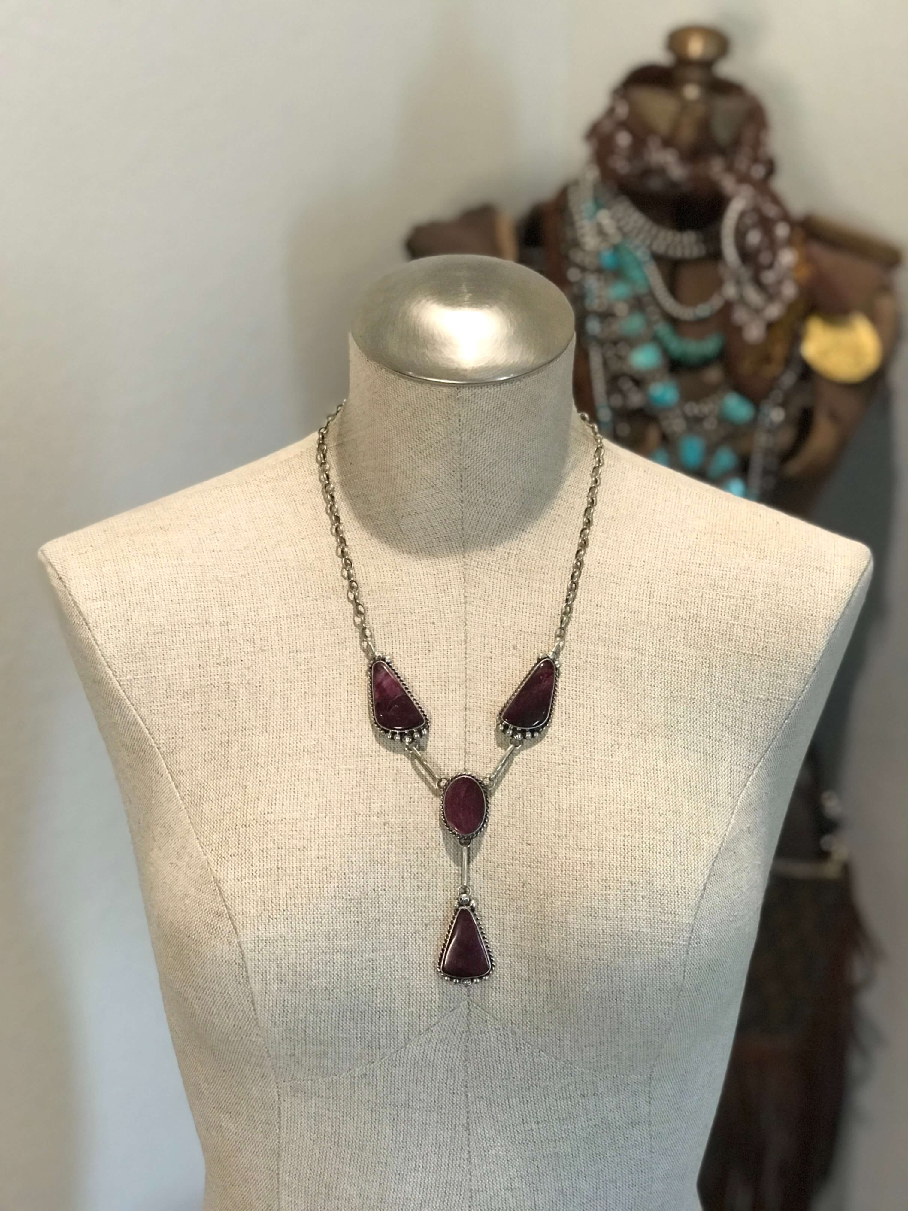 The Ladue Purple Spiny Lariat Necklace Set-Necklaces-Calli Co., Turquoise and Silver Jewelry, Native American Handmade, Zuni Tribe, Navajo Tribe, Brock Texas