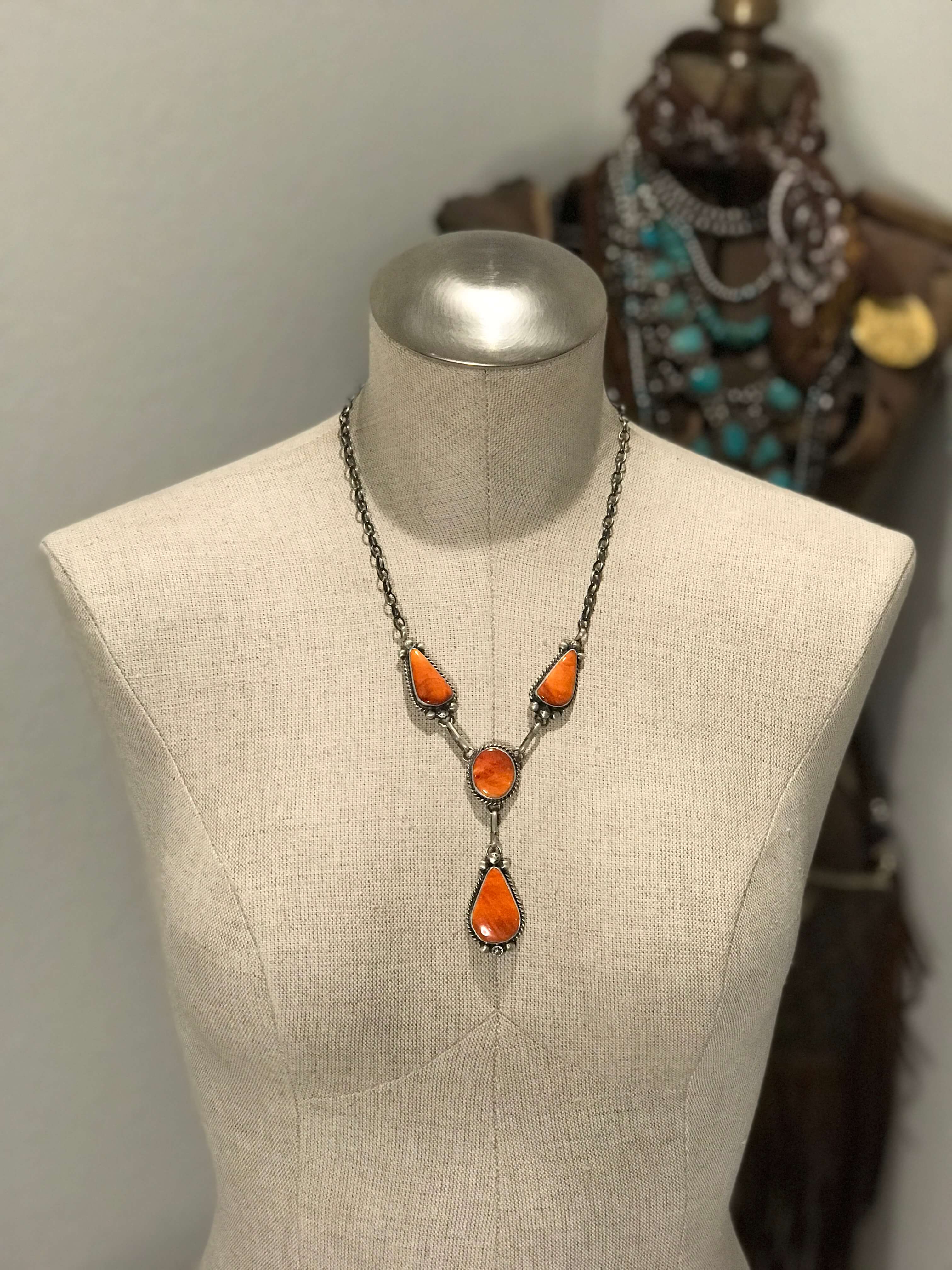 The Breslin Orange Spiny Lariat Necklace Set-Necklaces-Calli Co., Turquoise and Silver Jewelry, Native American Handmade, Zuni Tribe, Navajo Tribe, Brock Texas