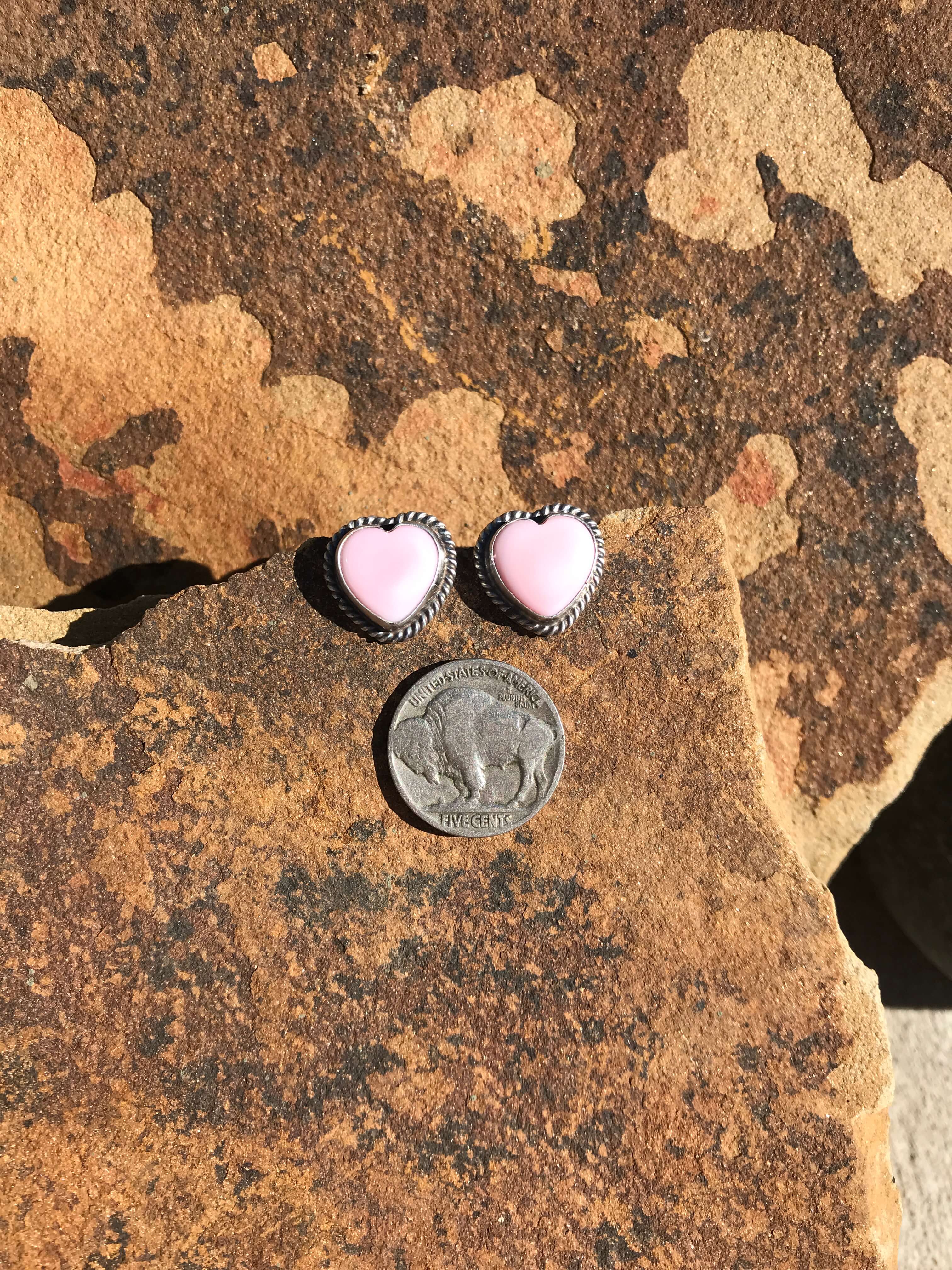 The Pink Conch Heart Studs-Earrings-Calli Co., Turquoise and Silver Jewelry, Native American Handmade, Zuni Tribe, Navajo Tribe, Brock Texas