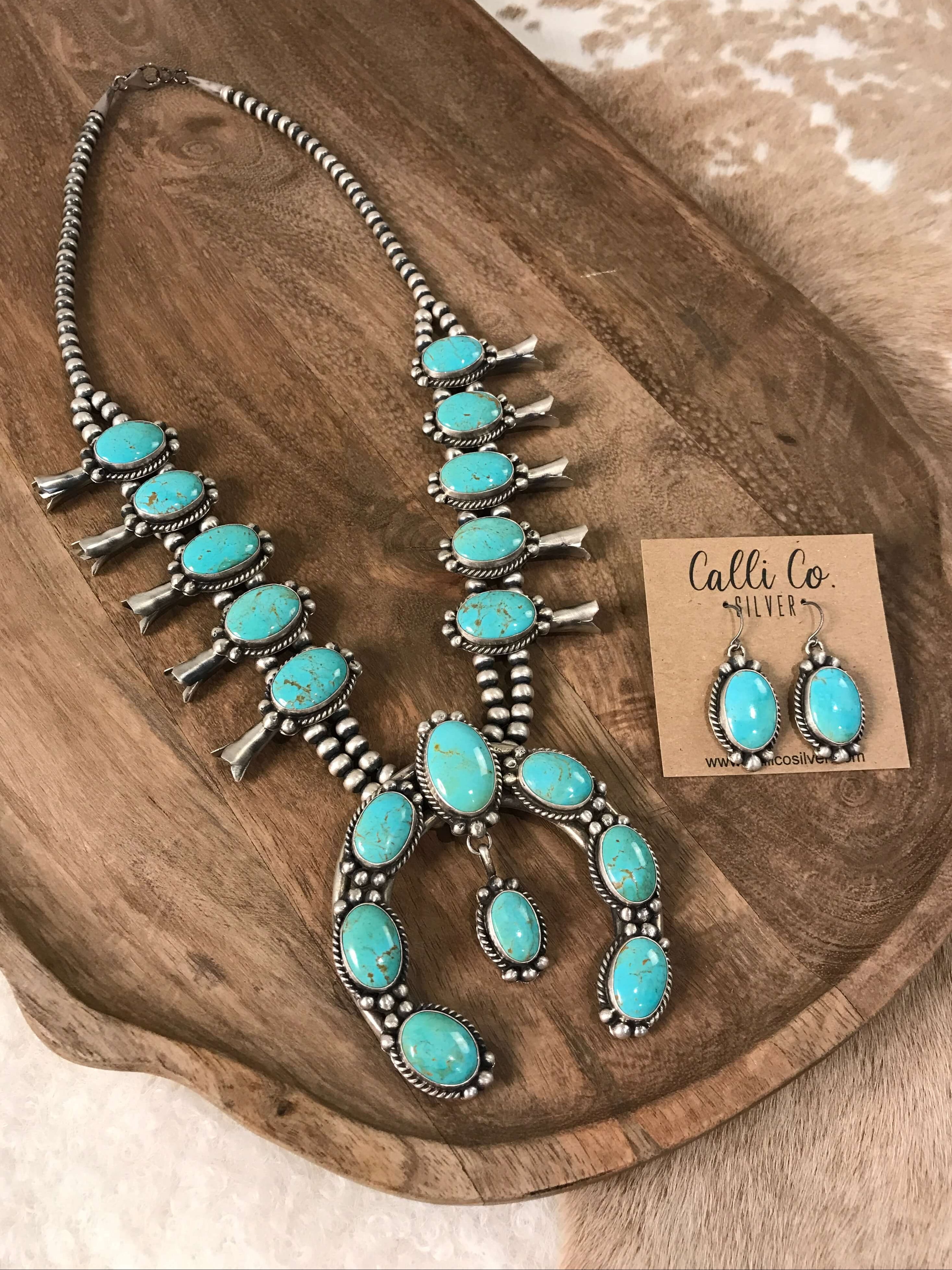 The McCoy Squash Blossom Necklace Set xx-Necklaces-Calli Co., Turquoise and Silver Jewelry, Native American Handmade, Zuni Tribe, Navajo Tribe, Brock Texas