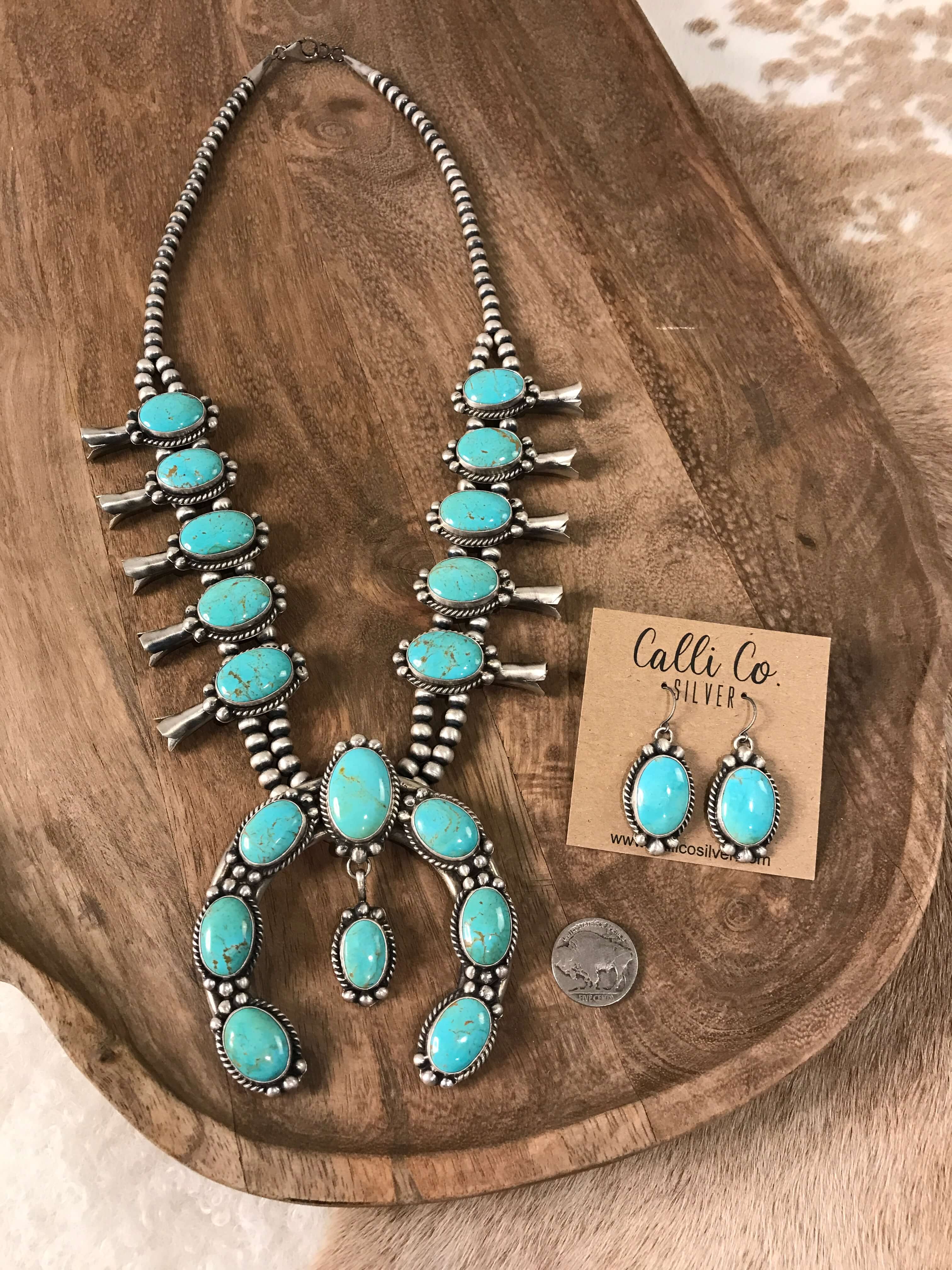 The McCoy Squash Blossom Necklace Set xx-Necklaces-Calli Co., Turquoise and Silver Jewelry, Native American Handmade, Zuni Tribe, Navajo Tribe, Brock Texas