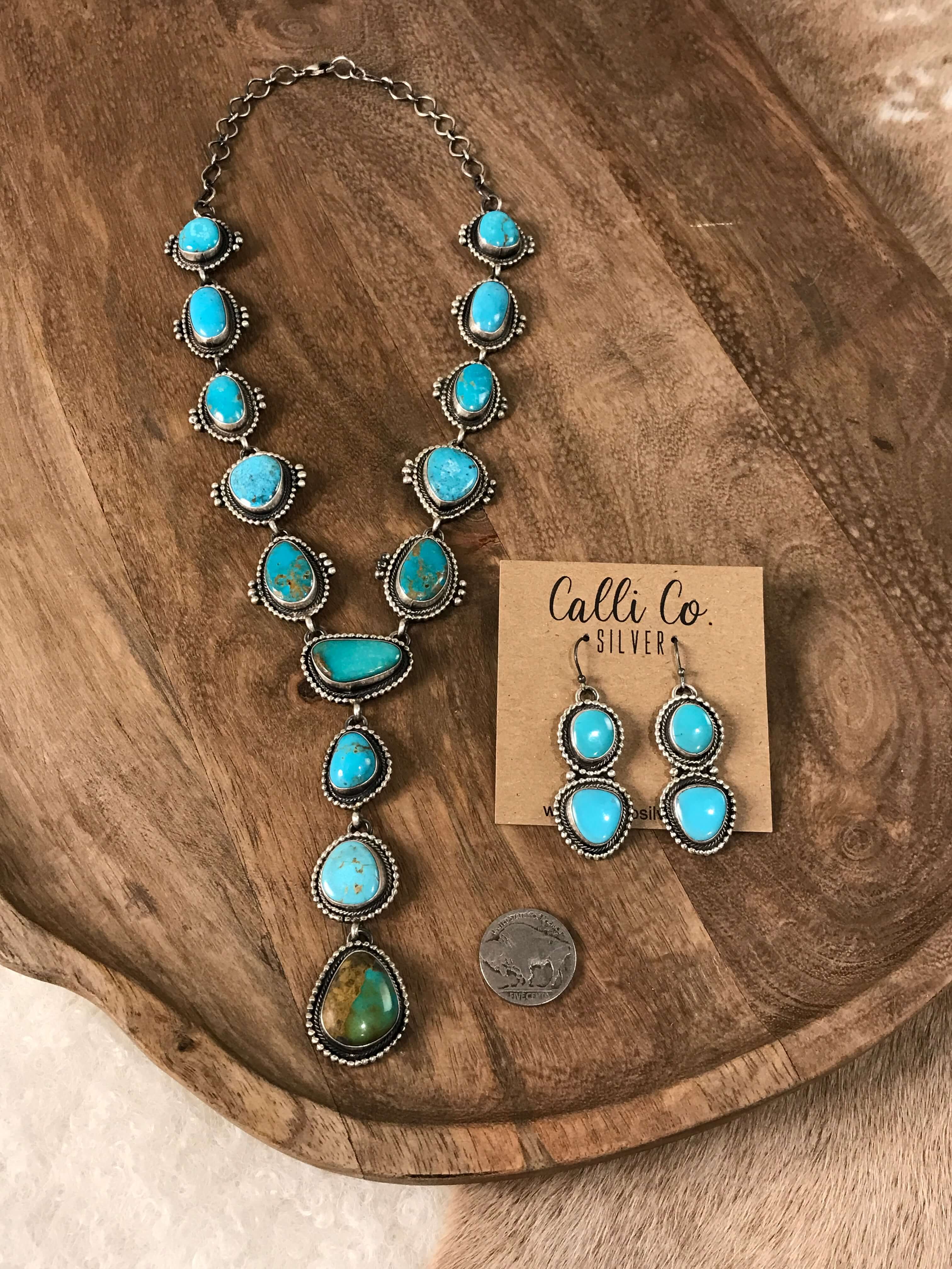 The Catori Turquoise Lariat Necklace Set xx-Necklaces-Calli Co., Turquoise and Silver Jewelry, Native American Handmade, Zuni Tribe, Navajo Tribe, Brock Texas