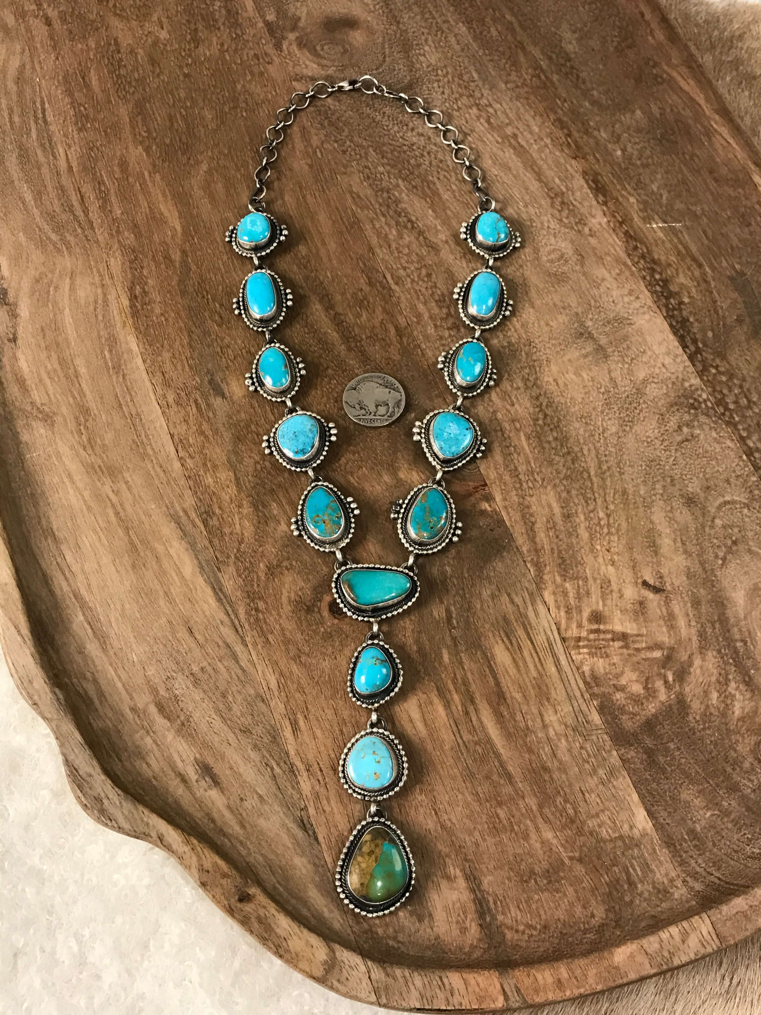 The Catori Turquoise Lariat Necklace Set xx-Necklaces-Calli Co., Turquoise and Silver Jewelry, Native American Handmade, Zuni Tribe, Navajo Tribe, Brock Texas