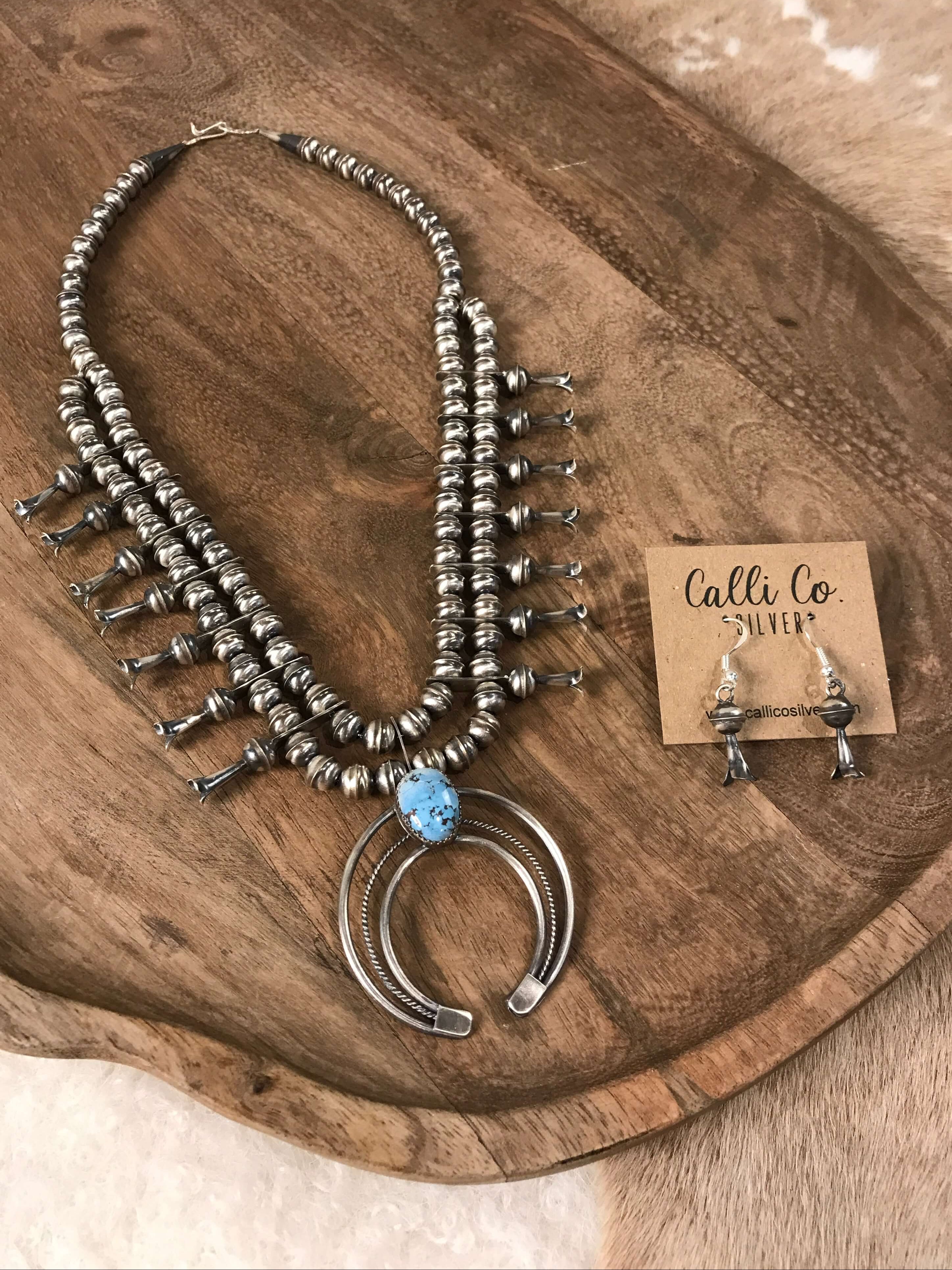 The Silverton Squash Blossom Necklace Set-Necklaces-Calli Co., Turquoise and Silver Jewelry, Native American Handmade, Zuni Tribe, Navajo Tribe, Brock Texas