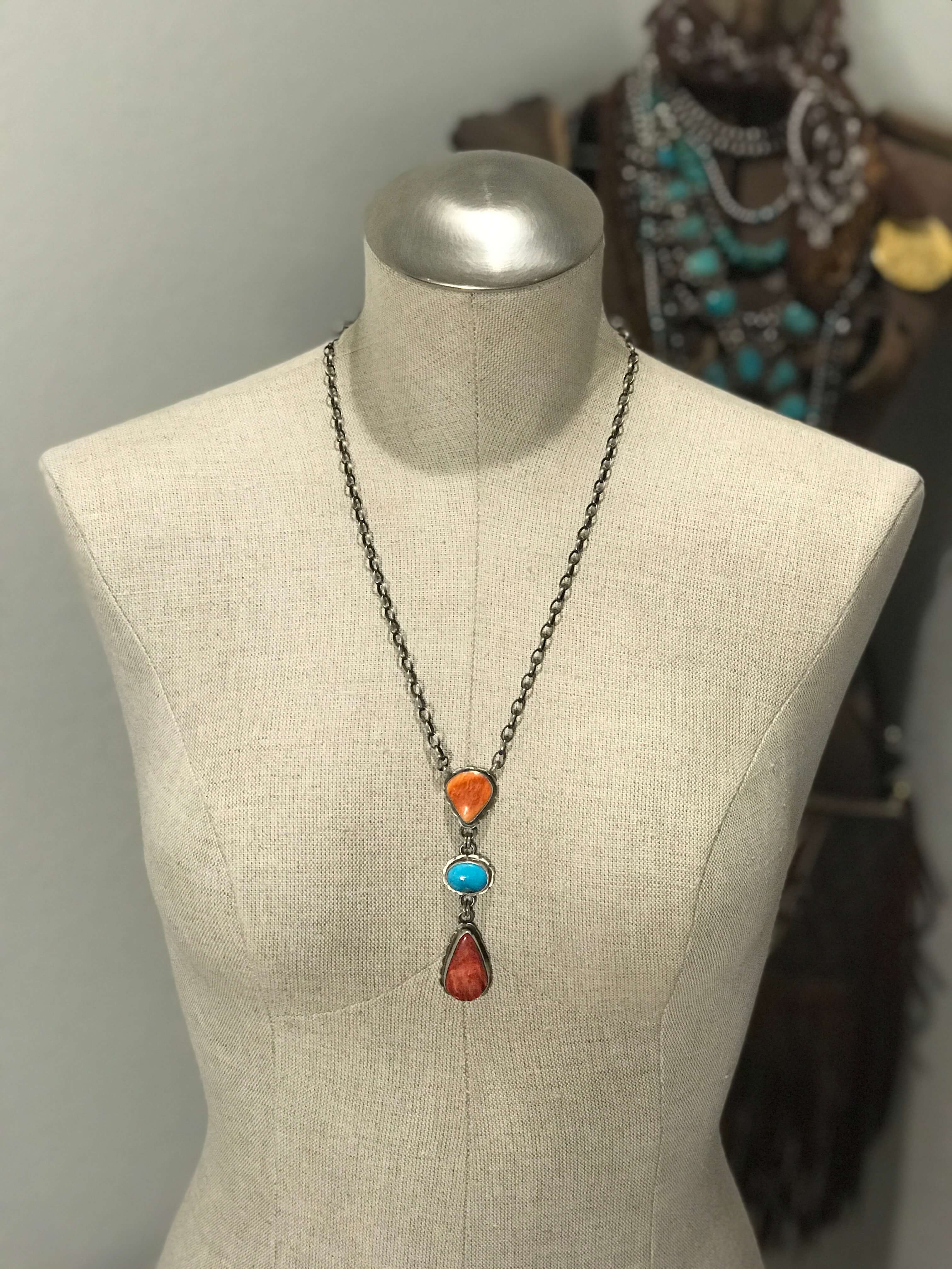 The San Saba Lariat Necklace, 3-Necklaces-Calli Co., Turquoise and Silver Jewelry, Native American Handmade, Zuni Tribe, Navajo Tribe, Brock Texas